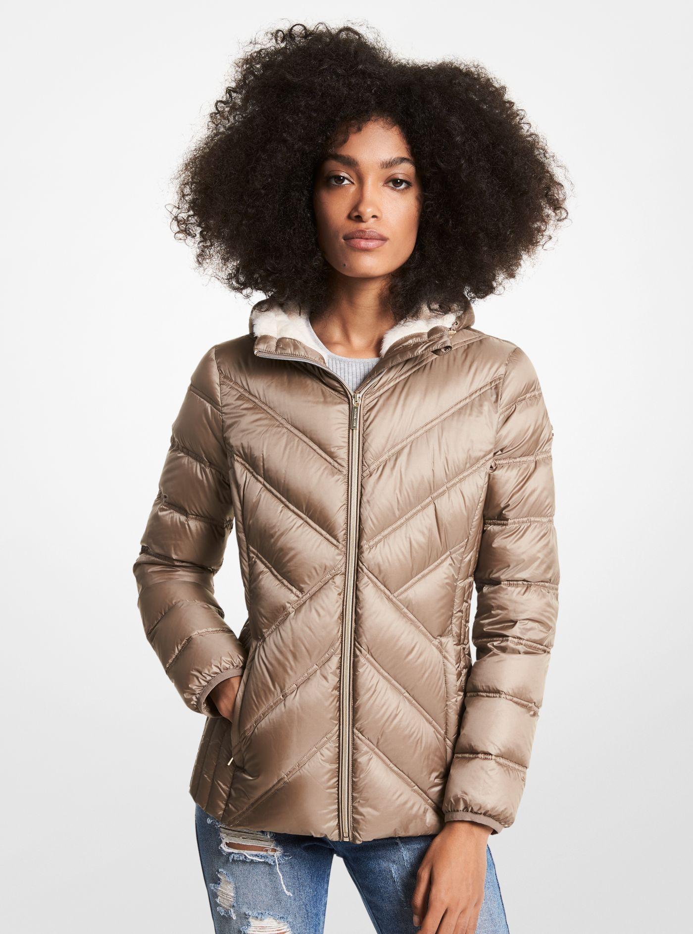 fur lined quilted nylon puffer jacket