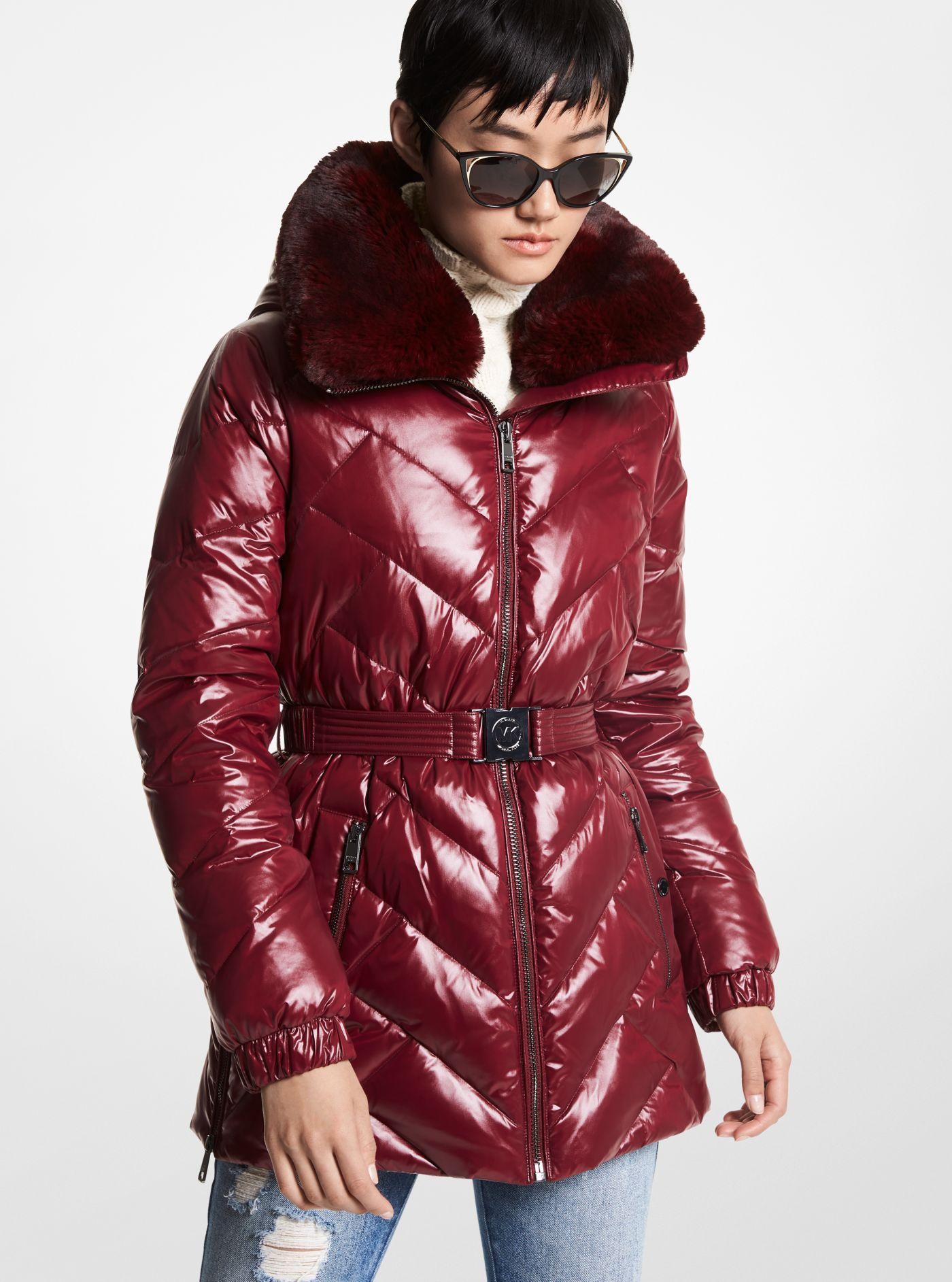 Michael Kors Faux Fur Trim Chevron Quilted Nylon Belted Puffer Coat in Red  | Lyst