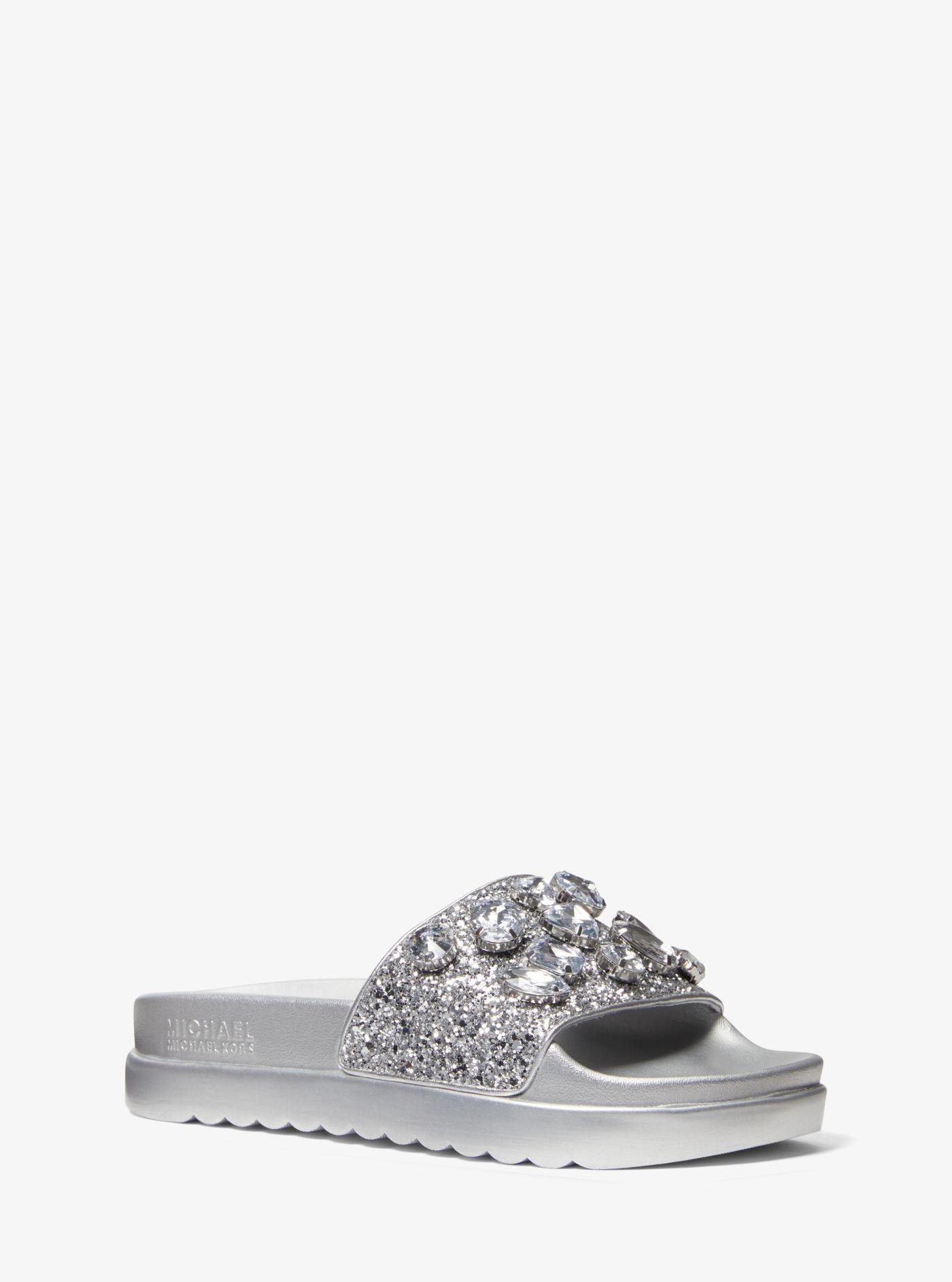 Michael Kors Tyra Jewel Embellished Glitter Slide Sandal in Metallic | Lyst