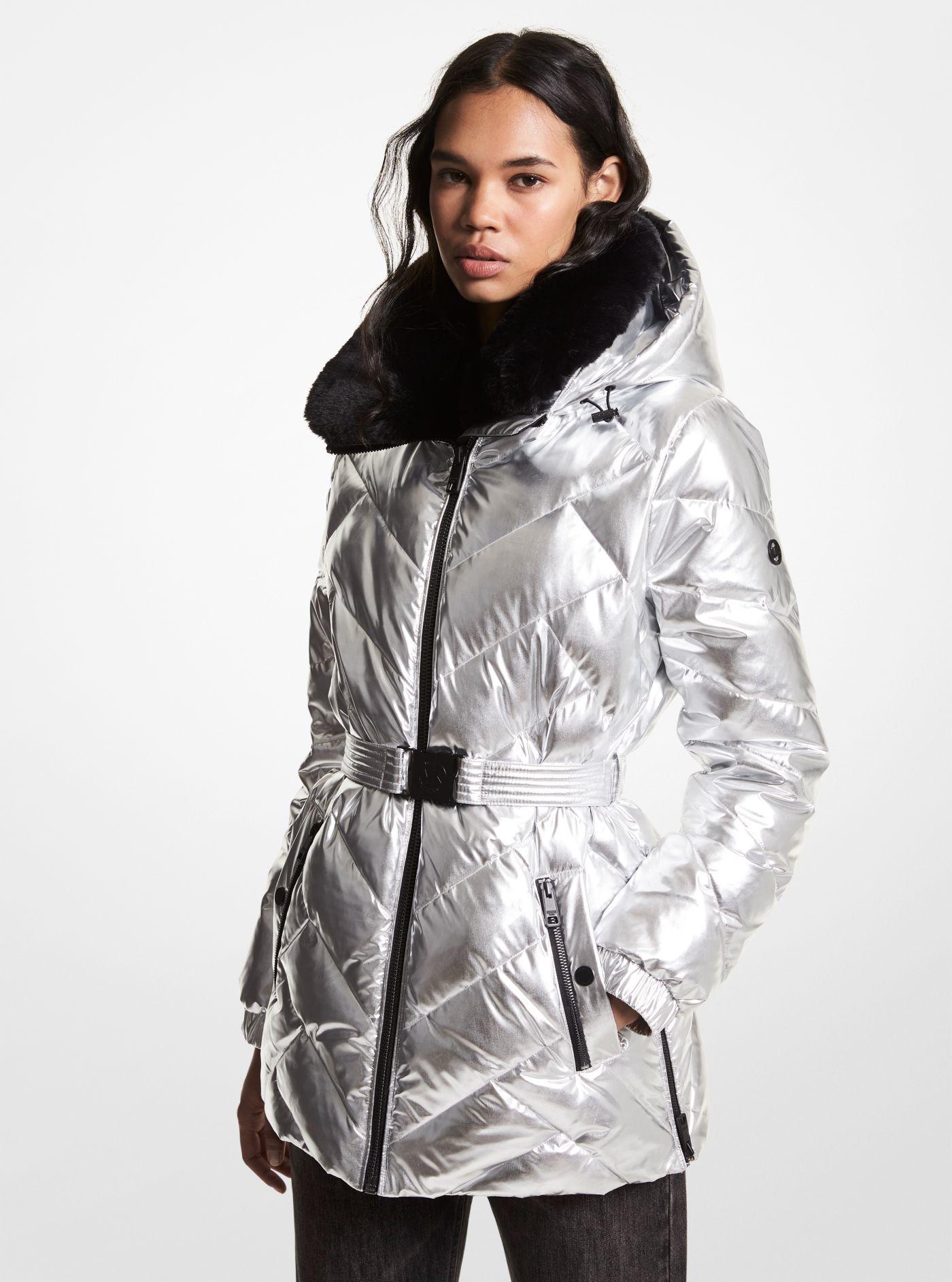 womens michael kors belted puffer with contrast hood