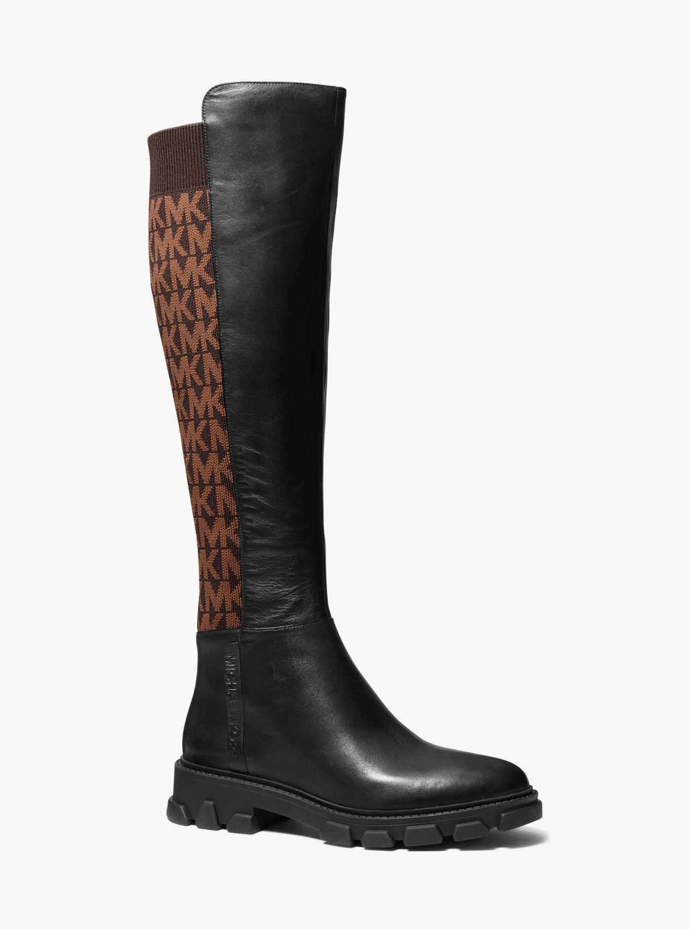Michael Kors Ridley Leather And Logo Jacquard Knee Boot in Black | Lyst