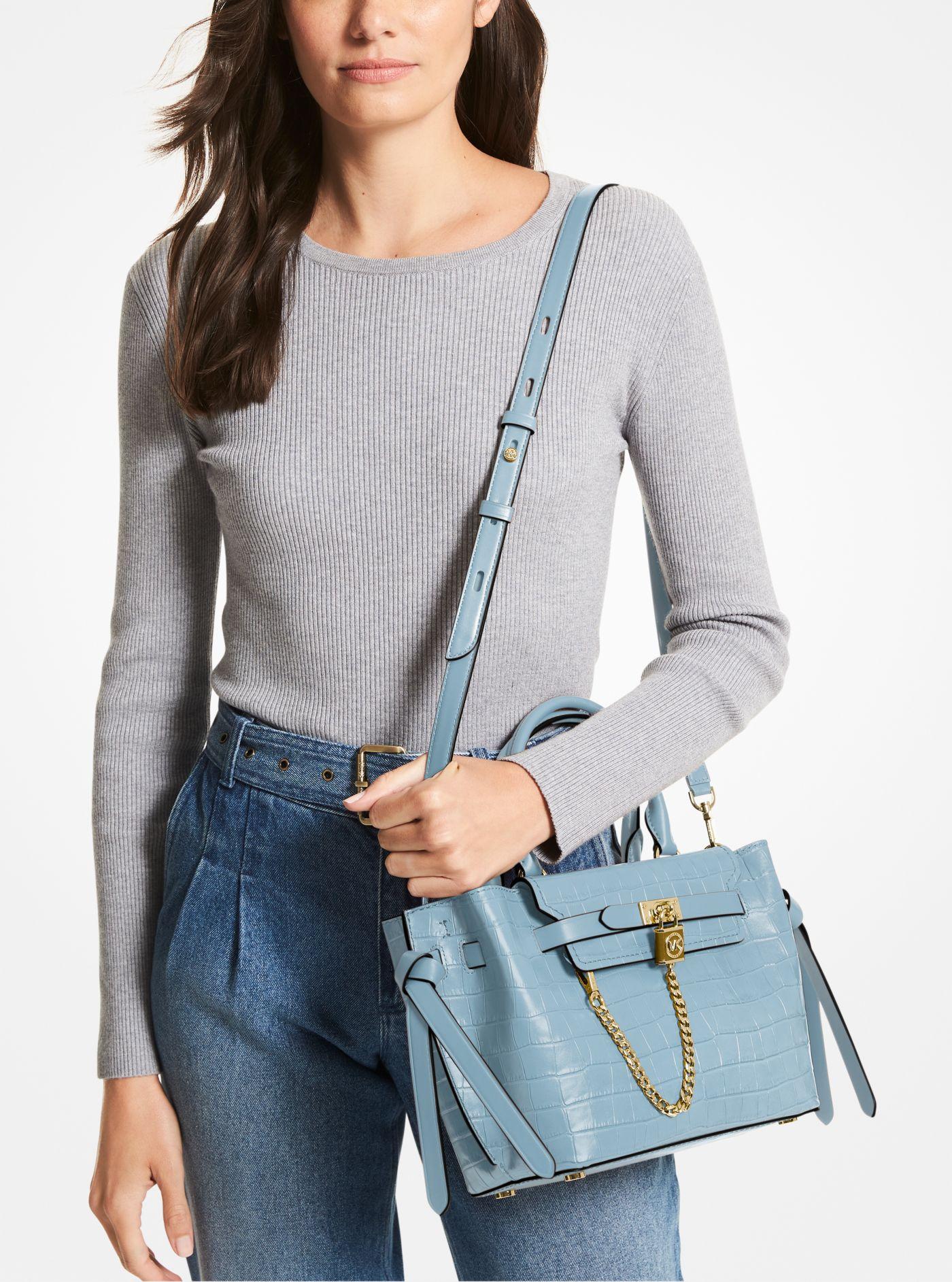 Michael Kors Hamilton Legacy Small Crocodile Embossed Leather Belted Satchel  in Blue | Lyst