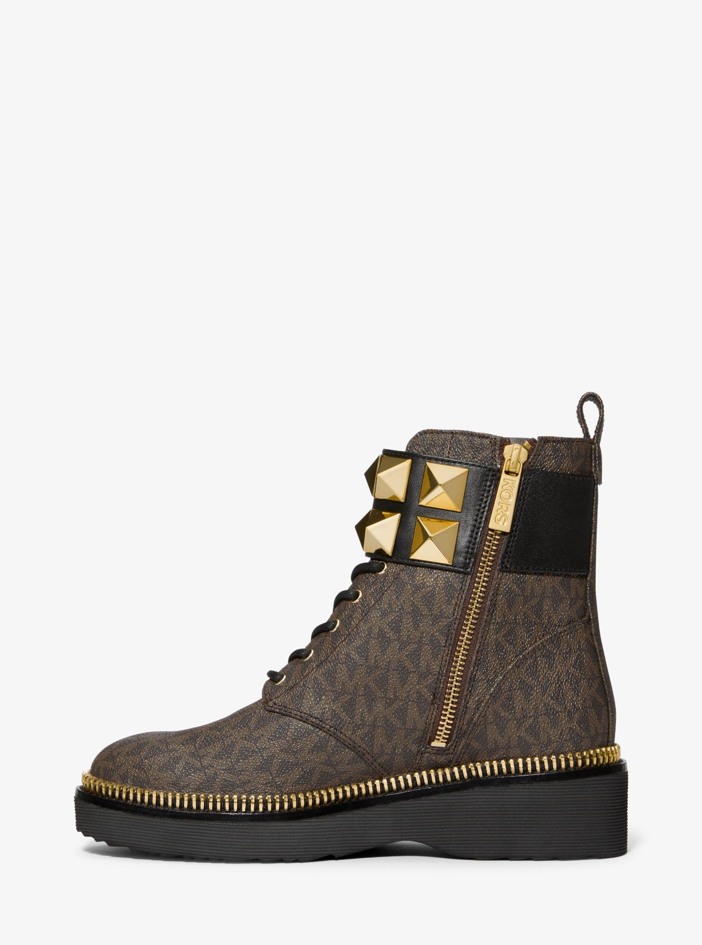 Michael Kors Haskell Studded Leather And Logo Combat Boot in Brown | Lyst