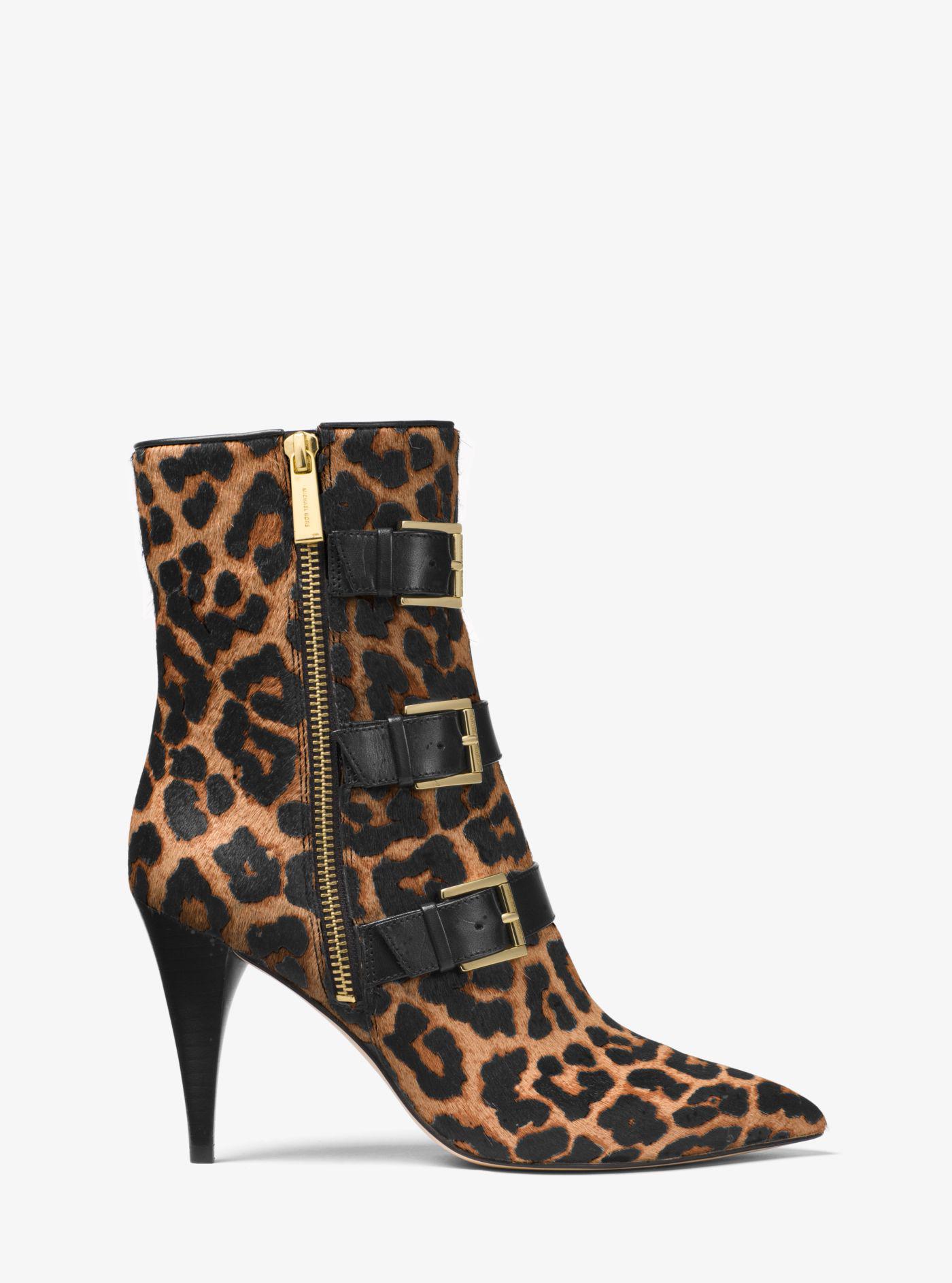 Michael Kors Leather Lori Leopard Calf Hair Ankle Boot in Natural/Black ...