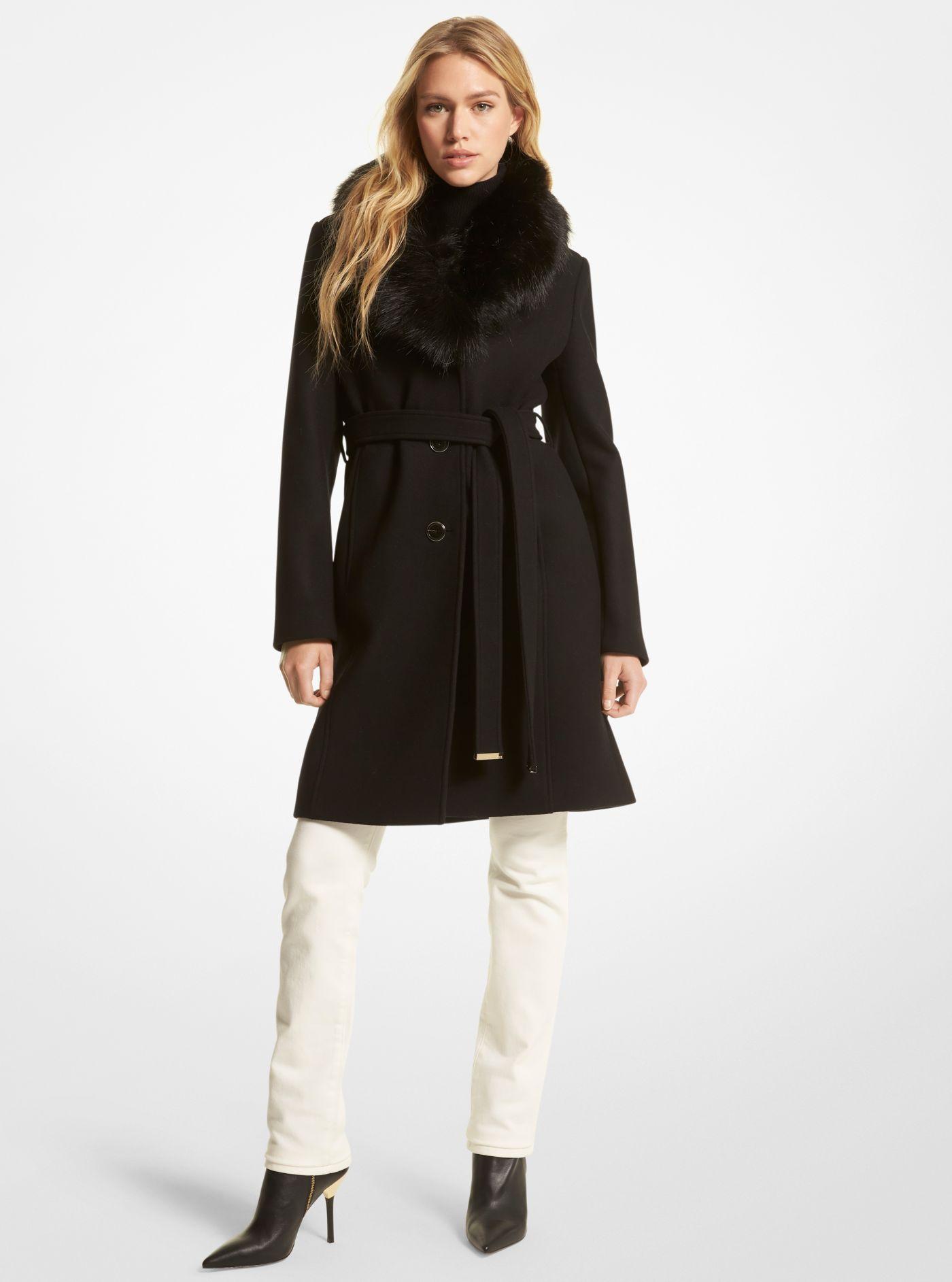 Michael Kors Faux Fur-collar Wool Blend Coat in Black | Lyst