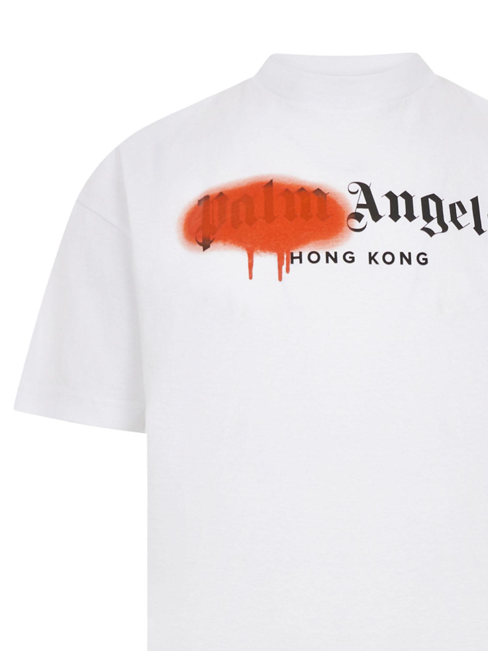 Palm Angels White Sprayed Hong Kong T-shirt In Cotton With Brand Logo Print  With Orange Splatter for Men