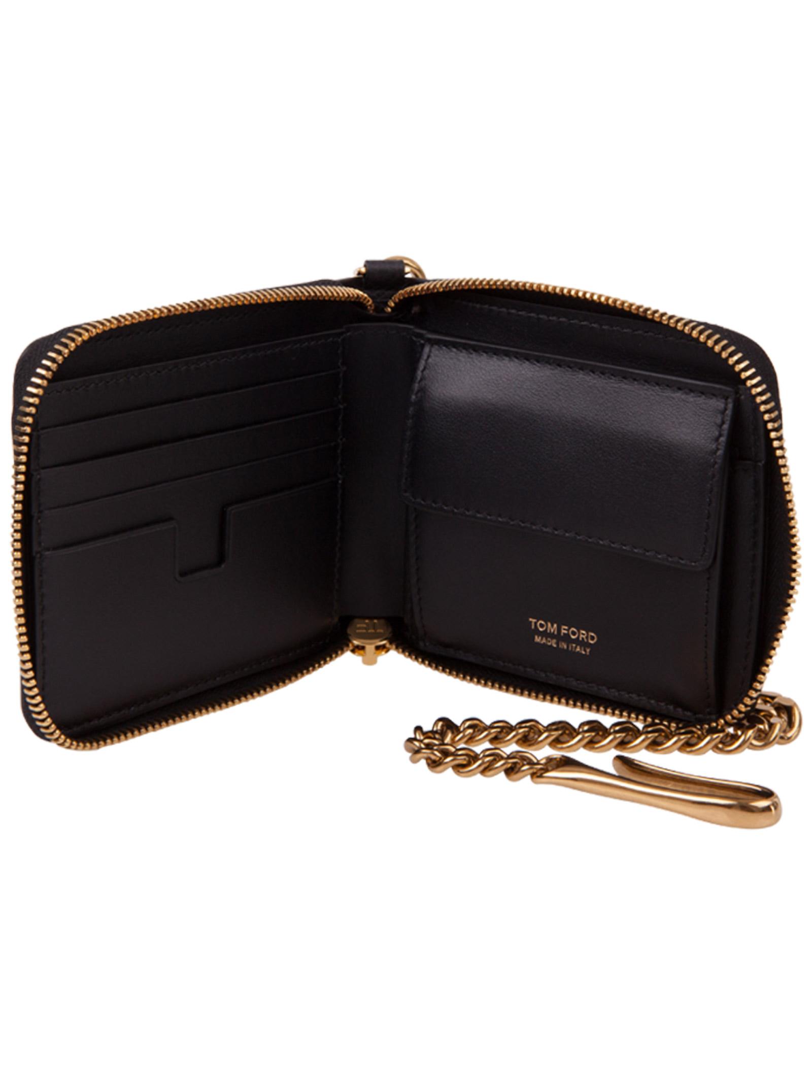 Tom Ford Black Wallet In Grained Leather With Golden Chain And All
