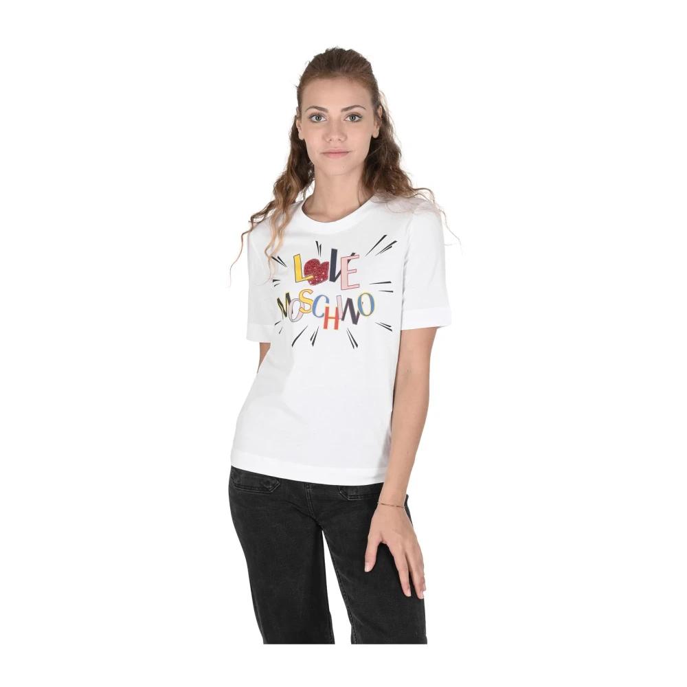 Tシャツ・カットソー LOVE MOSCHINO Woman T-Shirt White W4H6202E1951 A00 LOVE MOSCHINO White Fringe T-shirt Heart Graphic Top
