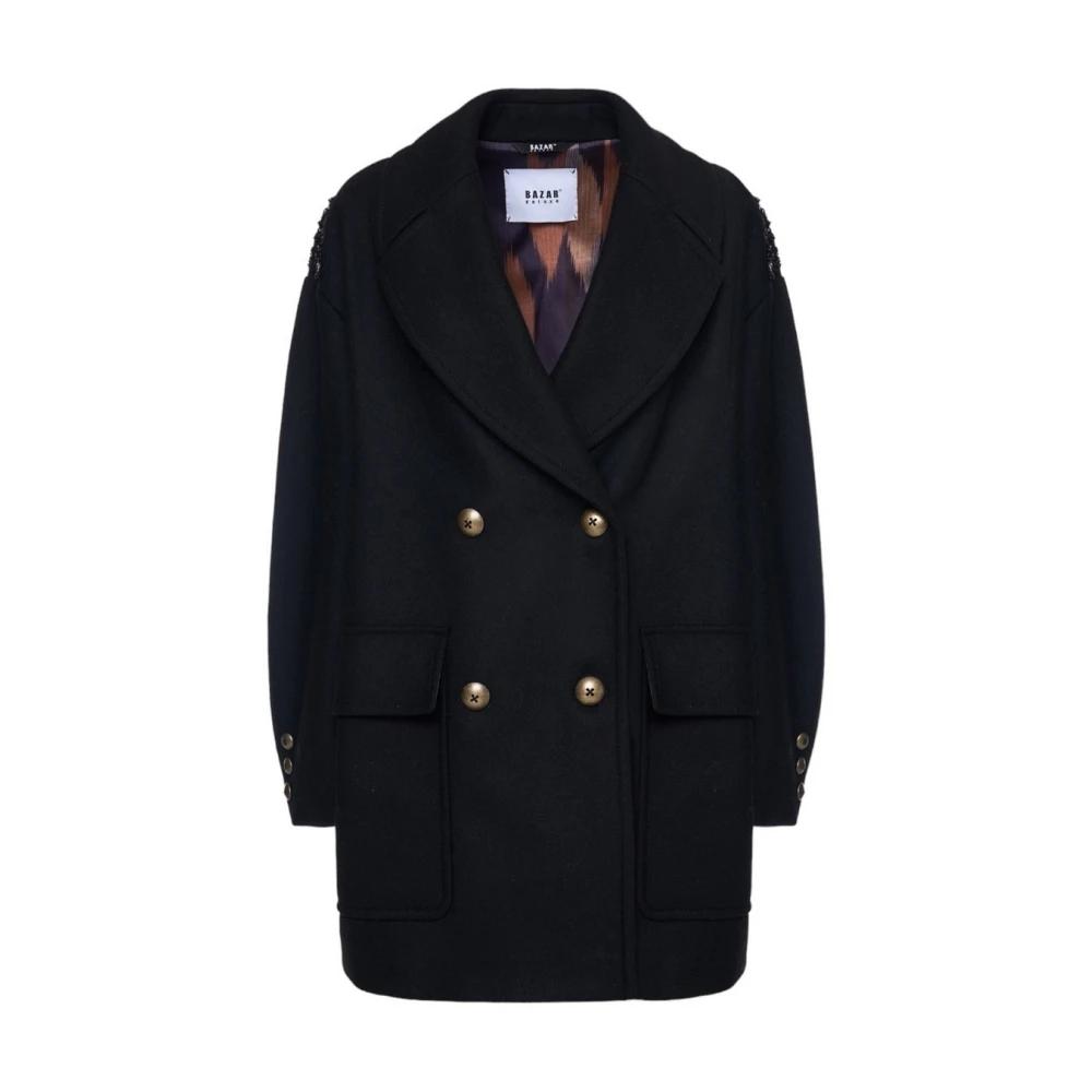 ダウンジャケット・コート Bazar Deluxe Single-Breasted Blue Wool Coat With Detail bazar-deluxe-Black-Double-