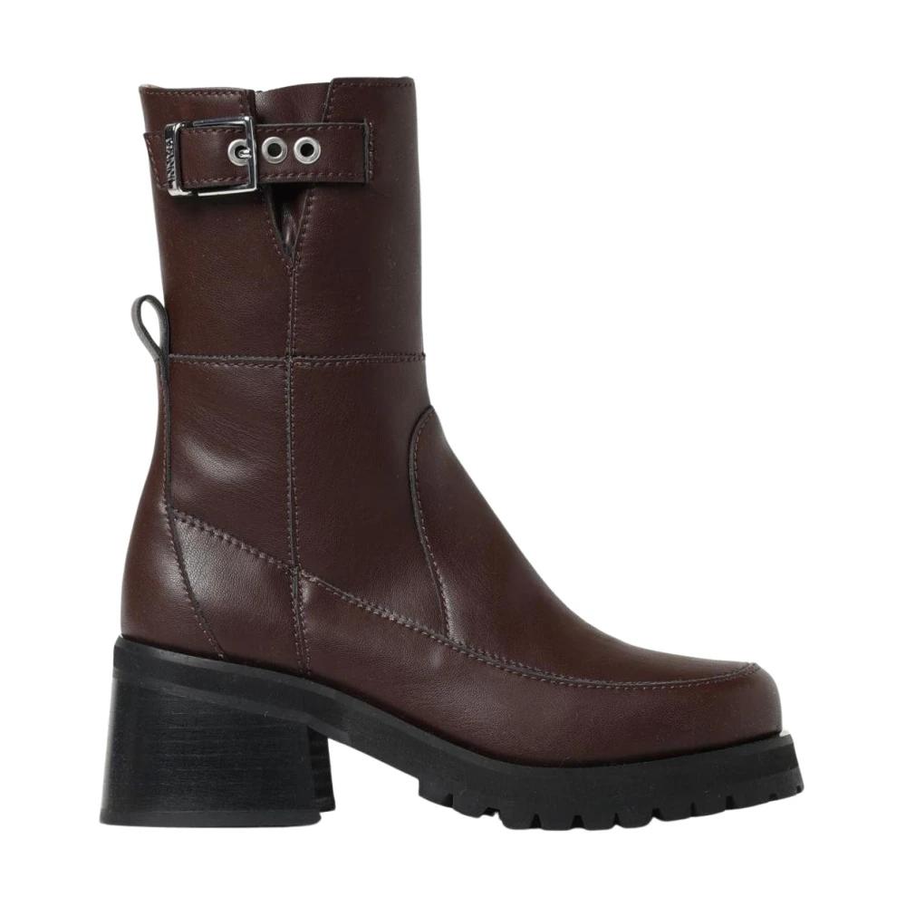 【関税＆送料込み】Ganni Brown Leather Blend Ankle Boots GANNI Leather platform ankle boots | THE OUTNET