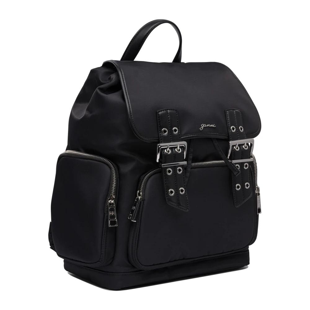 GANNI ブラック+ピンク バックパック GANNI Branded Top-Handle Recycled-Polyester Backpack in
