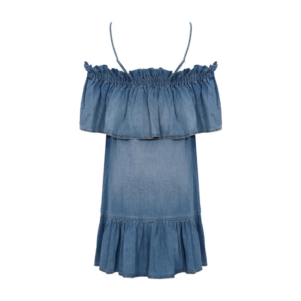 white christmas dresses Denim mini dress with diamond and rhinestone motif main image 0