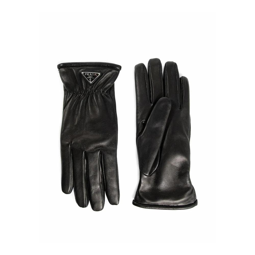手袋 PRADA Black Stretch Wool Blend Gloves Prada Logo Coin Pouch Lamb Leather Gloves (Gloves) IFCHIC.COM