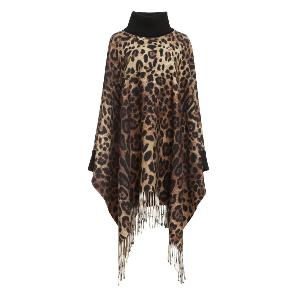 ポンチョ・ケープ Dolce & Gabbana Embroidered Wool Poncho Cashmere and wool poncho with fringing in Animal Print for