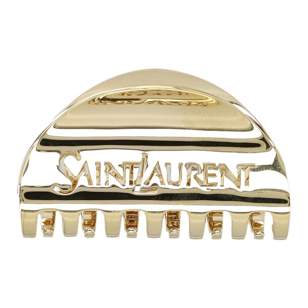 ヘアアクセサリー Saint Laurent HAIR ACCESSORIES (820845Y1500) Saint Laurent Small Logo Hair Clip in Gold | FWRD