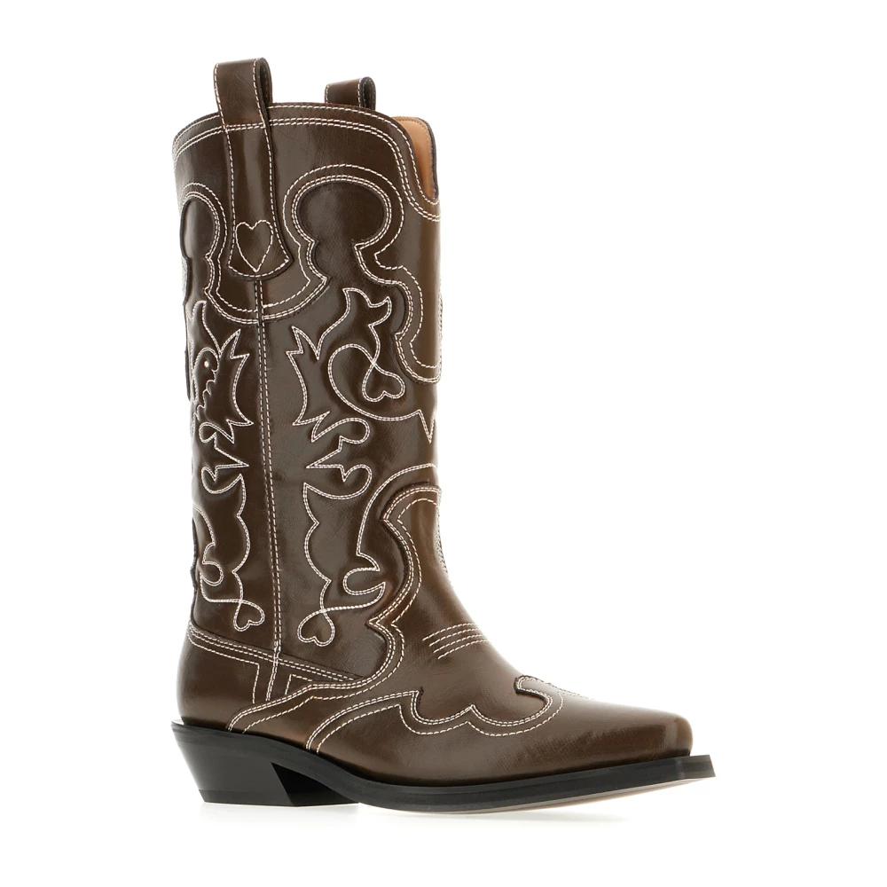 Ganni Embroidered Western Boots in Brown | Lyst