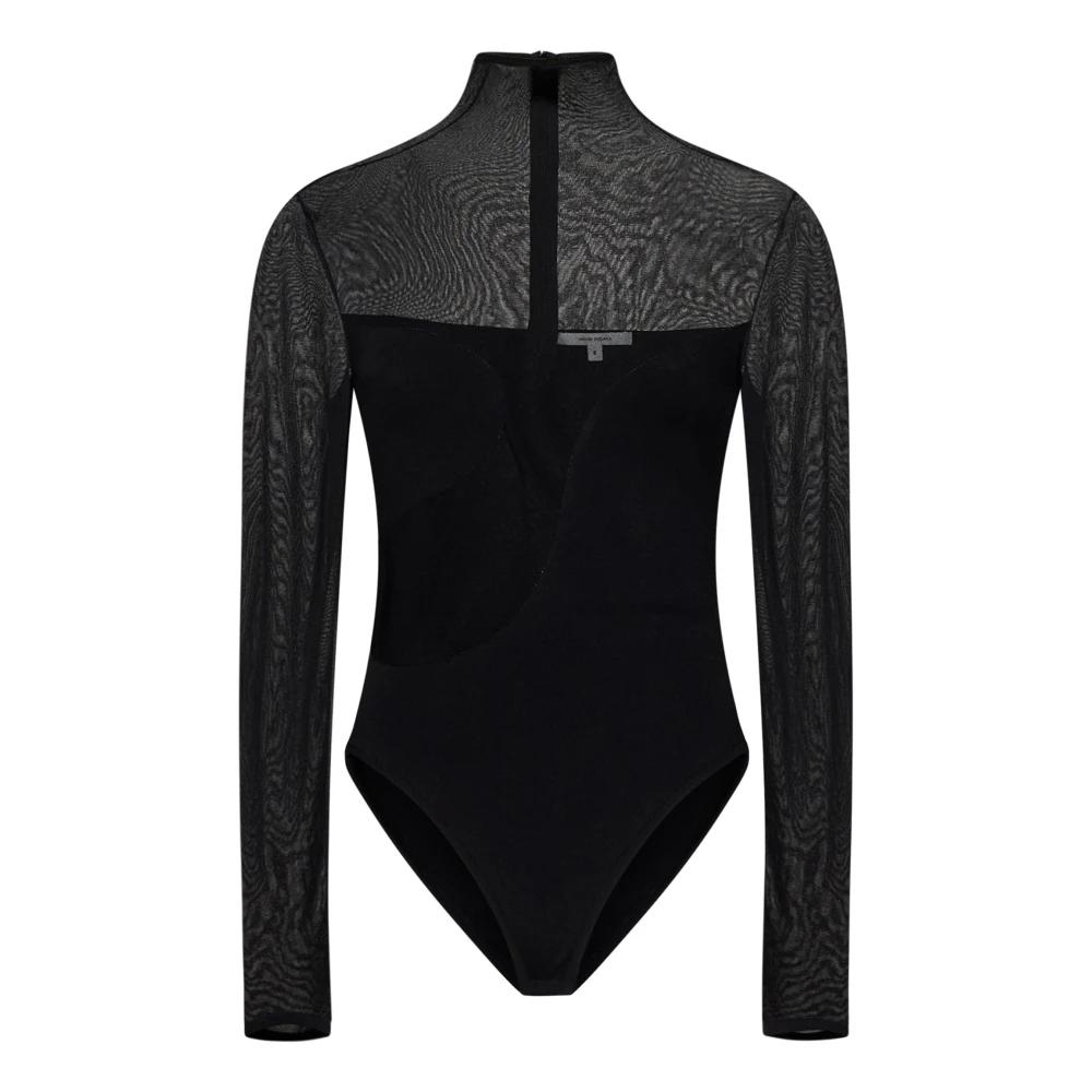 NENSI DOJAKA 売れ筋商品|||ネンシ ドジャカ Tシャツ トップス レディース Bodysuits Black Sheer long sleeve top in black - Nensi Dojaka | Mytheresa