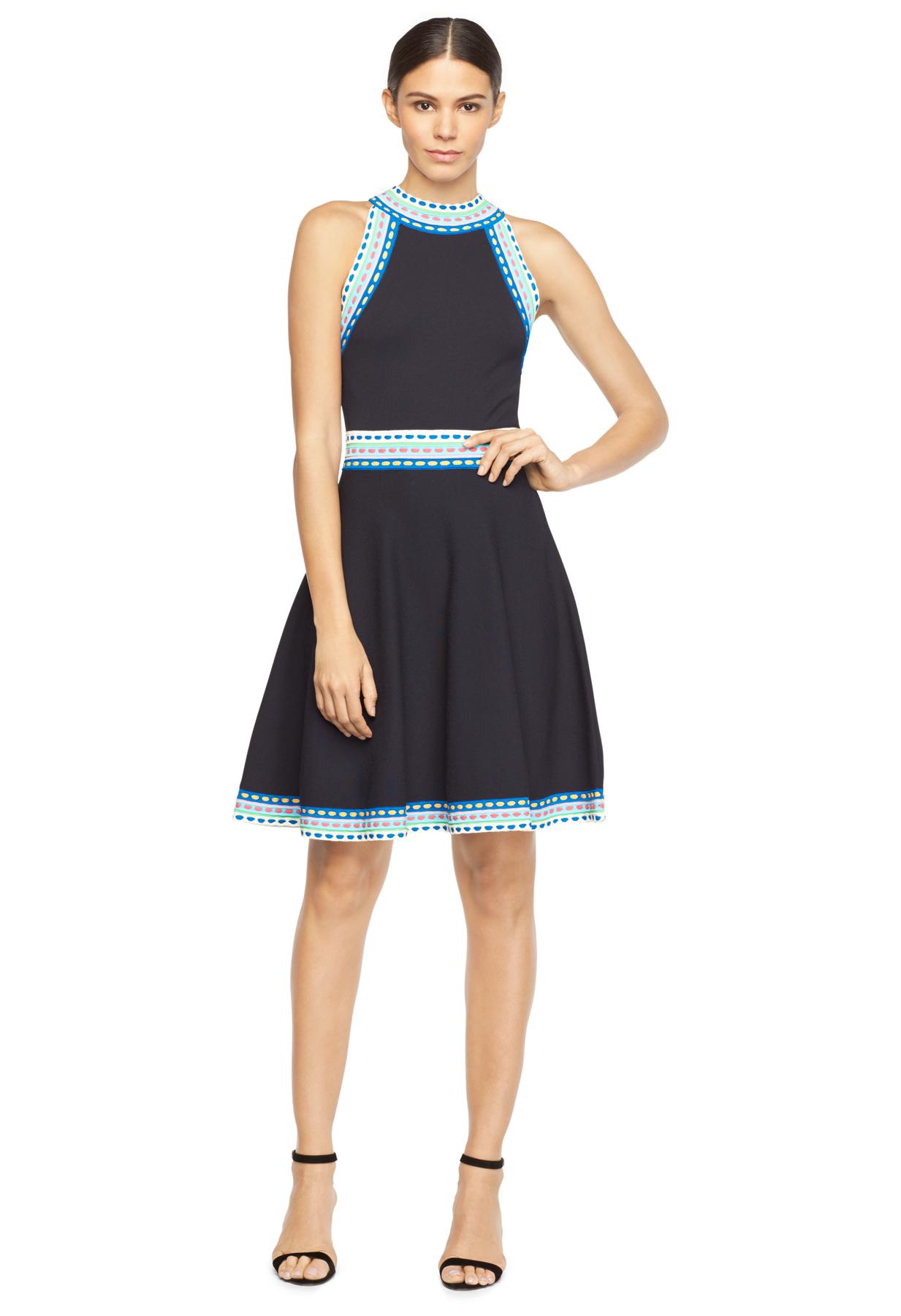 MILLY Woven Trim Flare Dress in Navy 