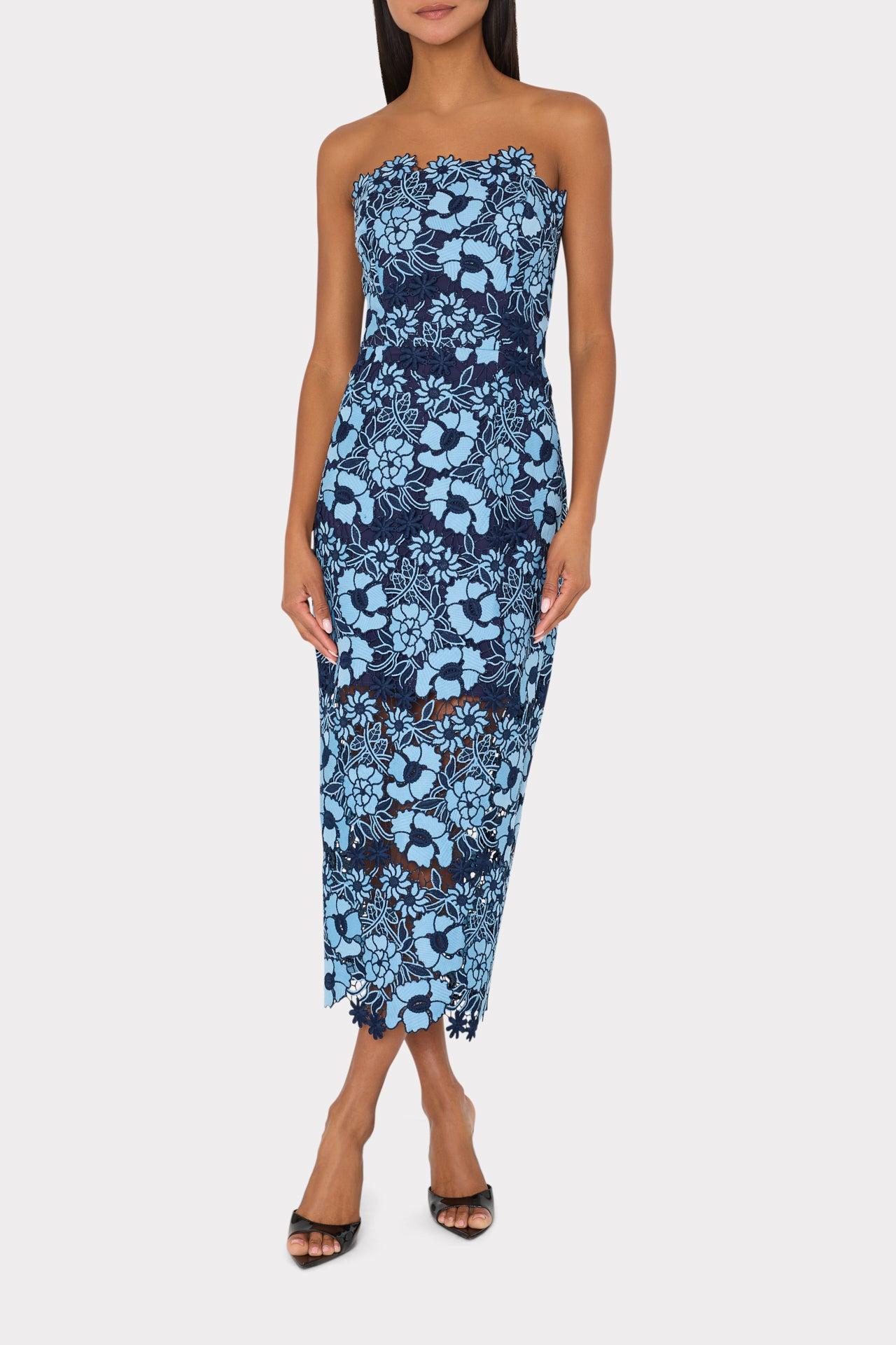 MILLY Kait Two Tone Floral Lace Midi Dress in Blue | Lyst