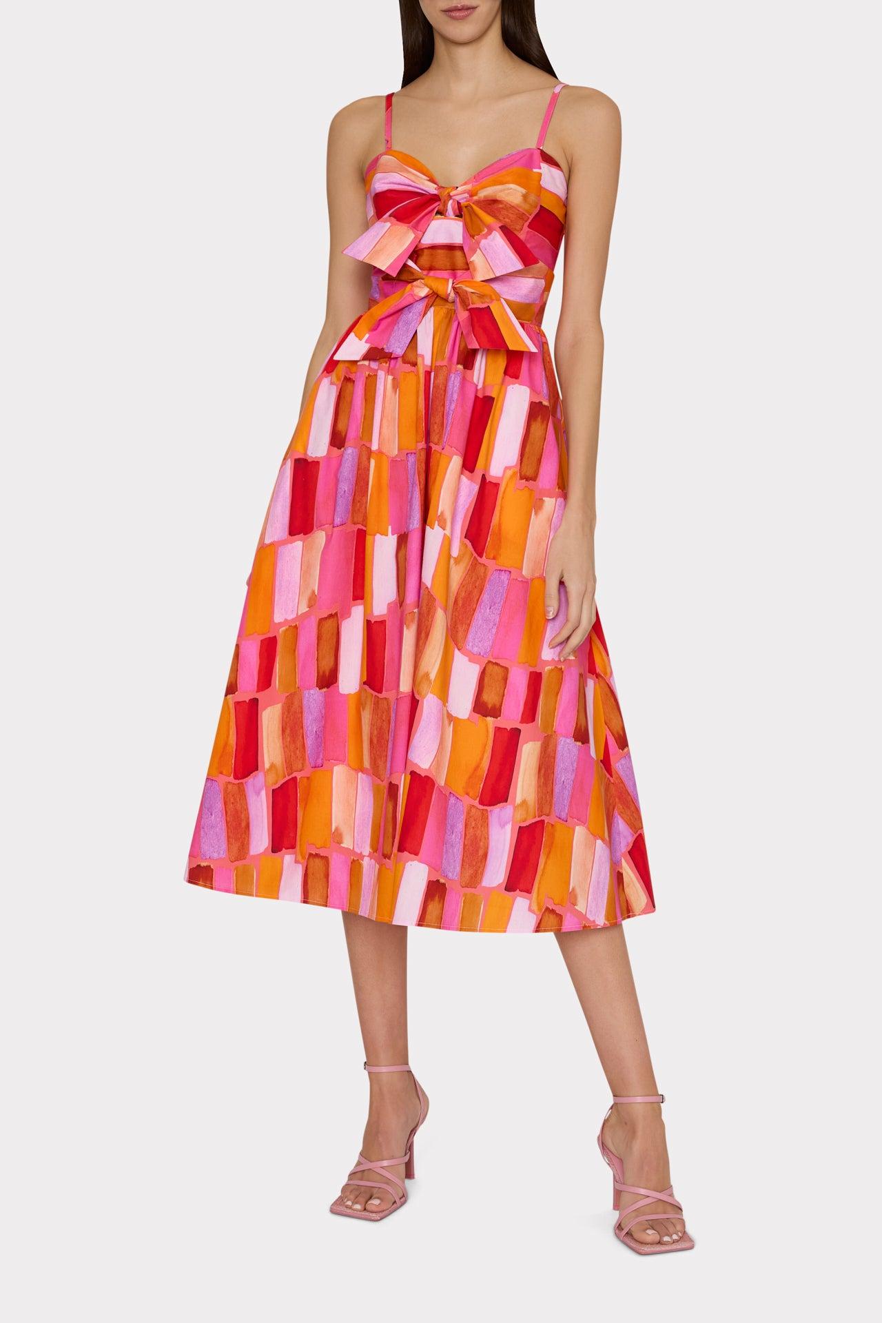 MILLY Natasha Sunset Tile Poplin Bow Midi Dress in Red | Lyst