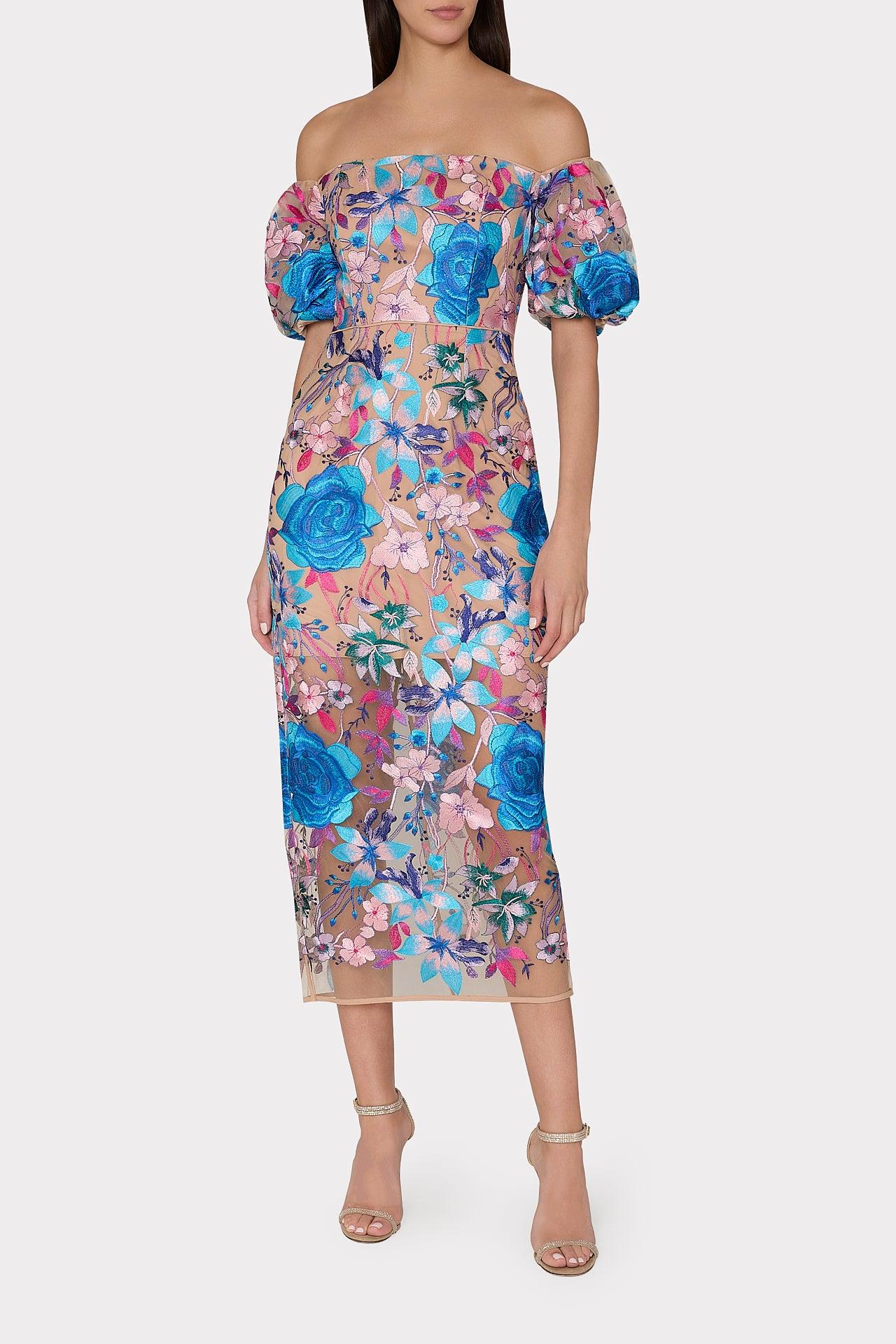 MILLY Nira Fall Floral Embroidered Dress in Blue | Lyst