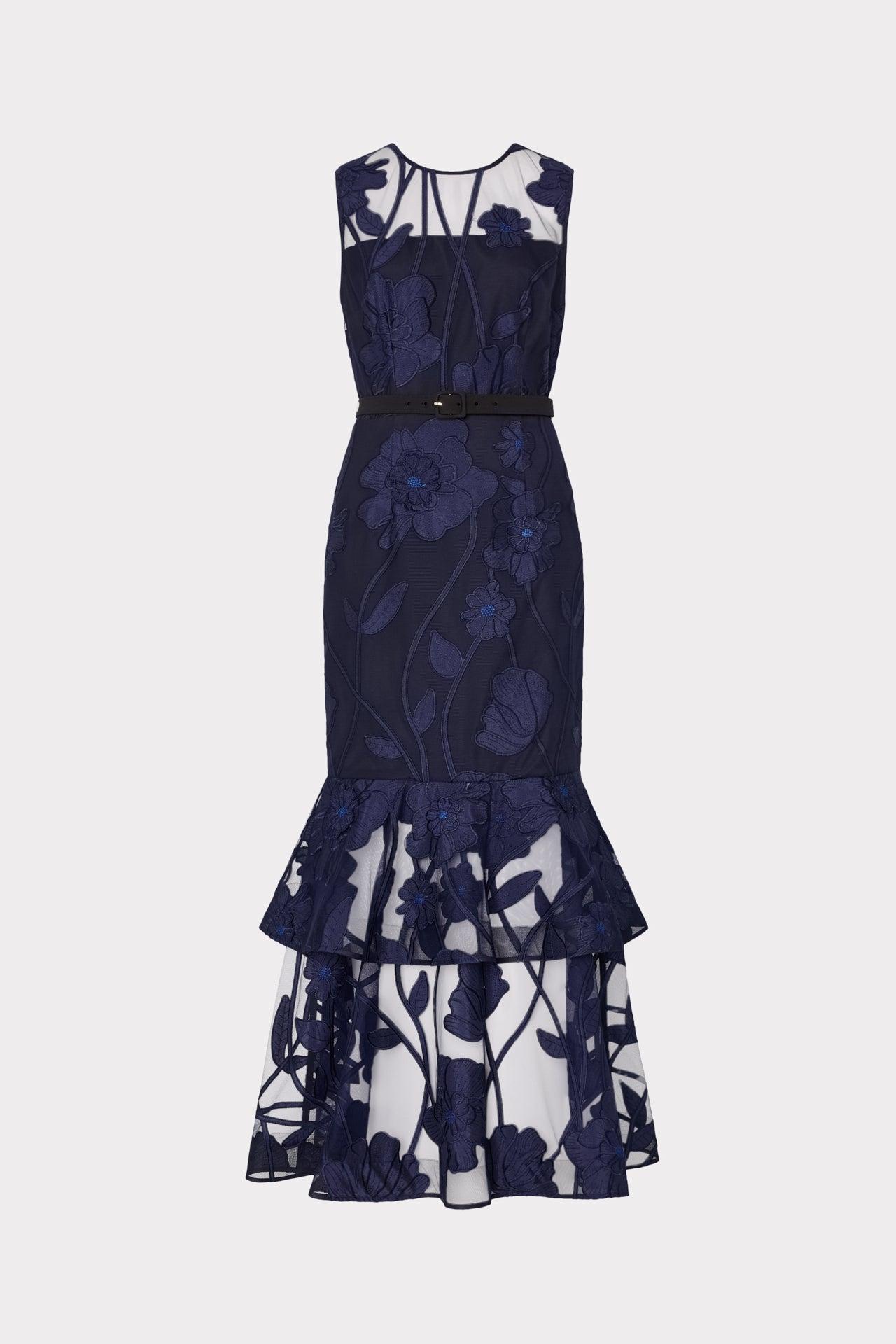 MILLY Anna Embroidered Maxi Dress in Blue