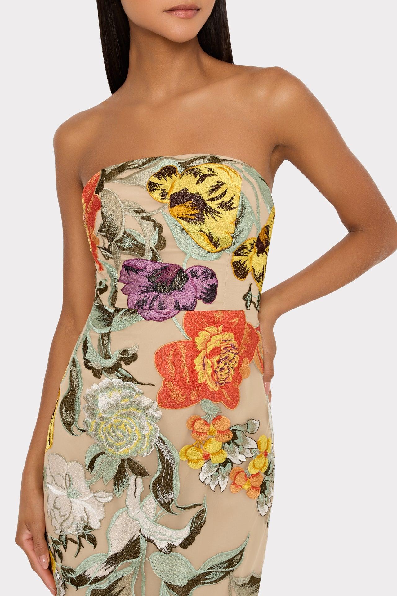 milly floral embroidered mesh strapless midi dress Milly Dolores Floral-Embroidered Strapless Maxi Dress