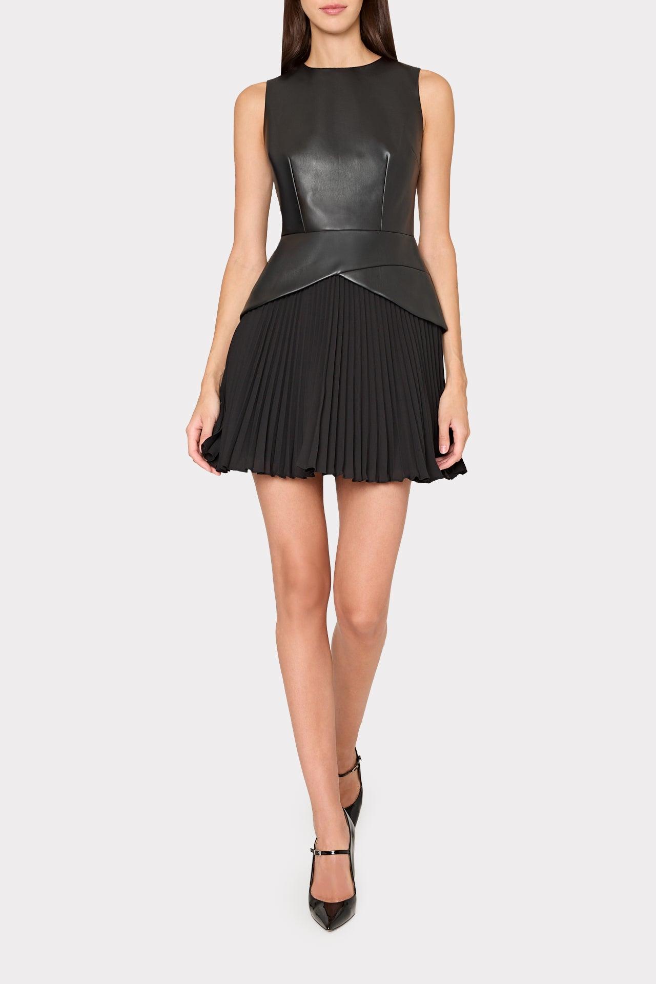 MILLY Haddy Leather Pleated Combo Mini Dress in Black | Lyst