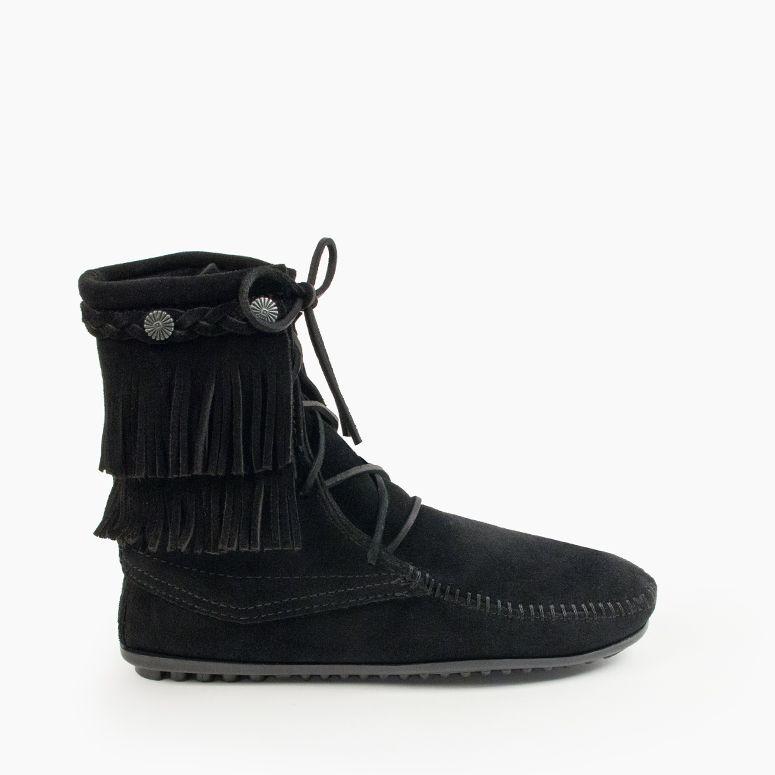Minnetonka Leather Double Fringe Tramper Boot in Black - Lyst