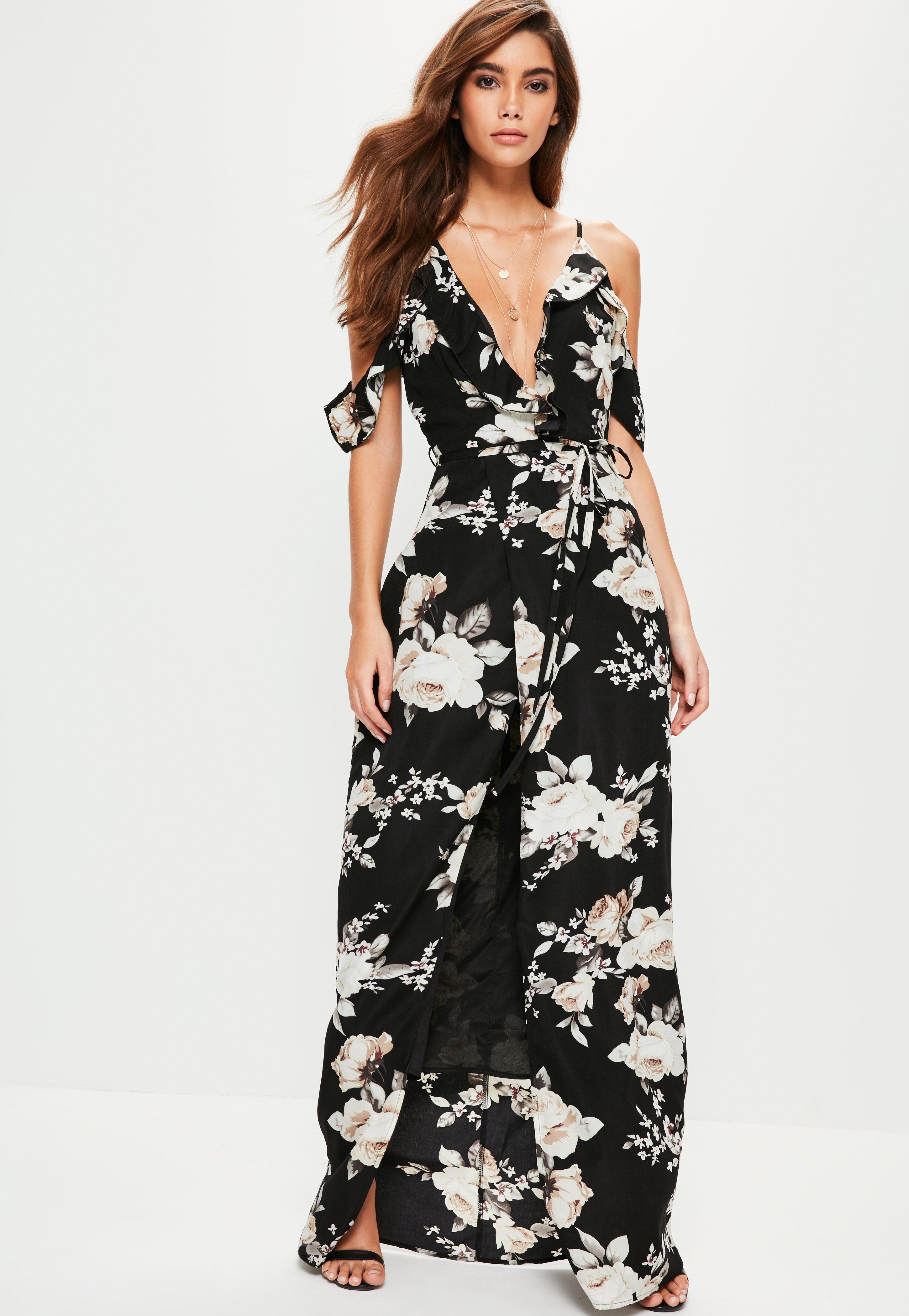 Missguided Black Floral Cold Shoulder Maxi Dress - Lyst