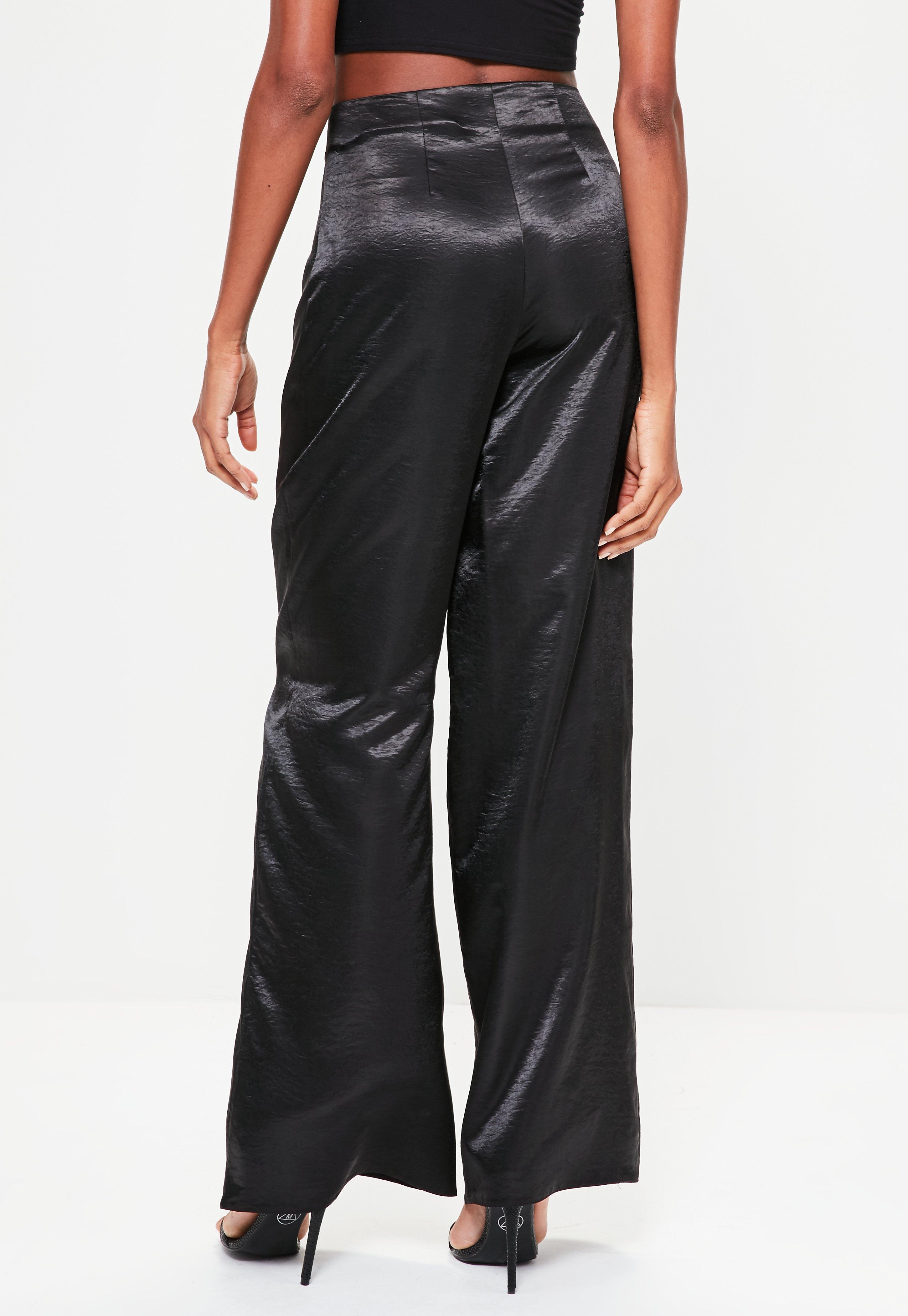 Missguided Black Satin Double Tie Front Wide Leg Trousers - Lyst