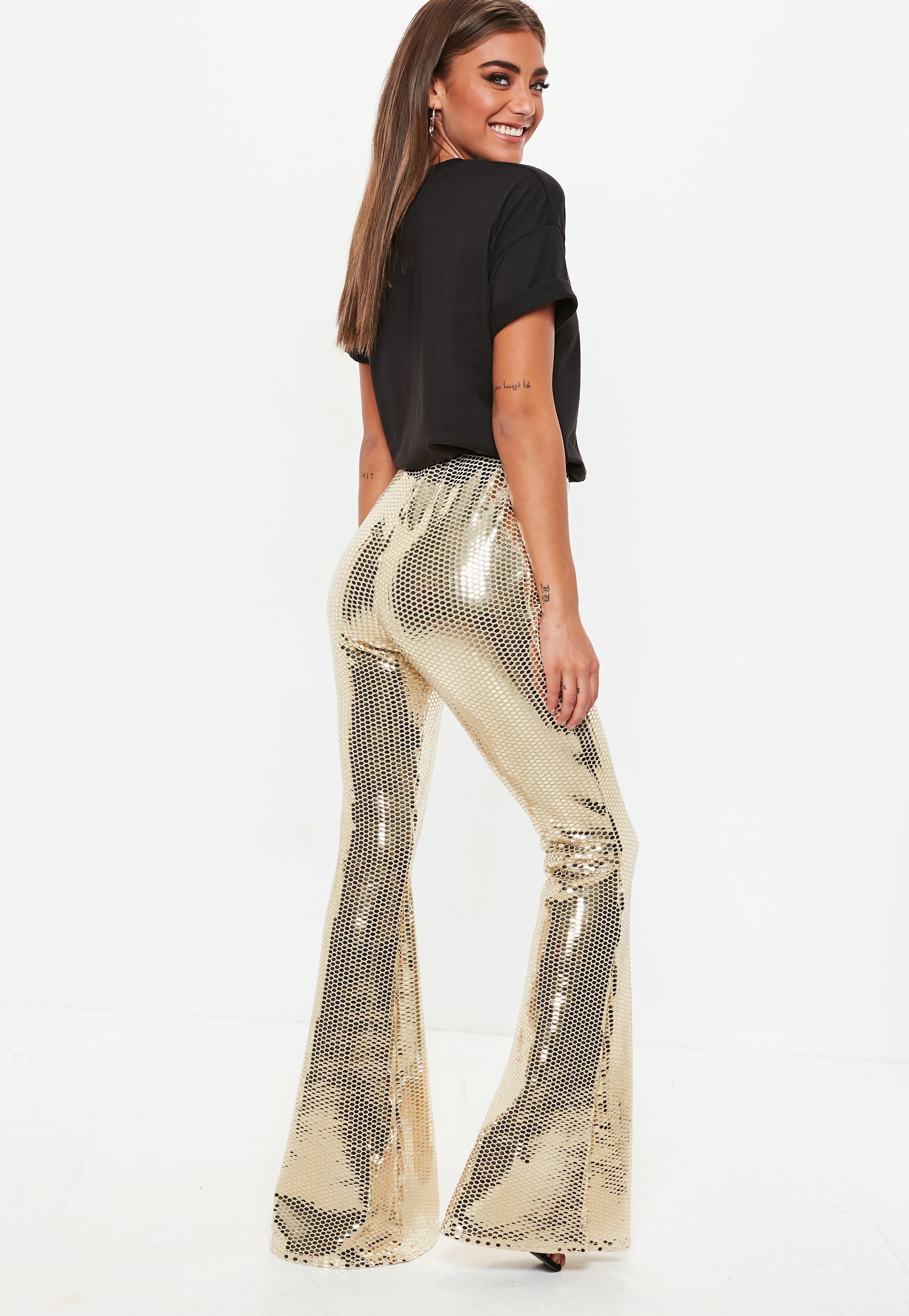 gold sequin flare pants
