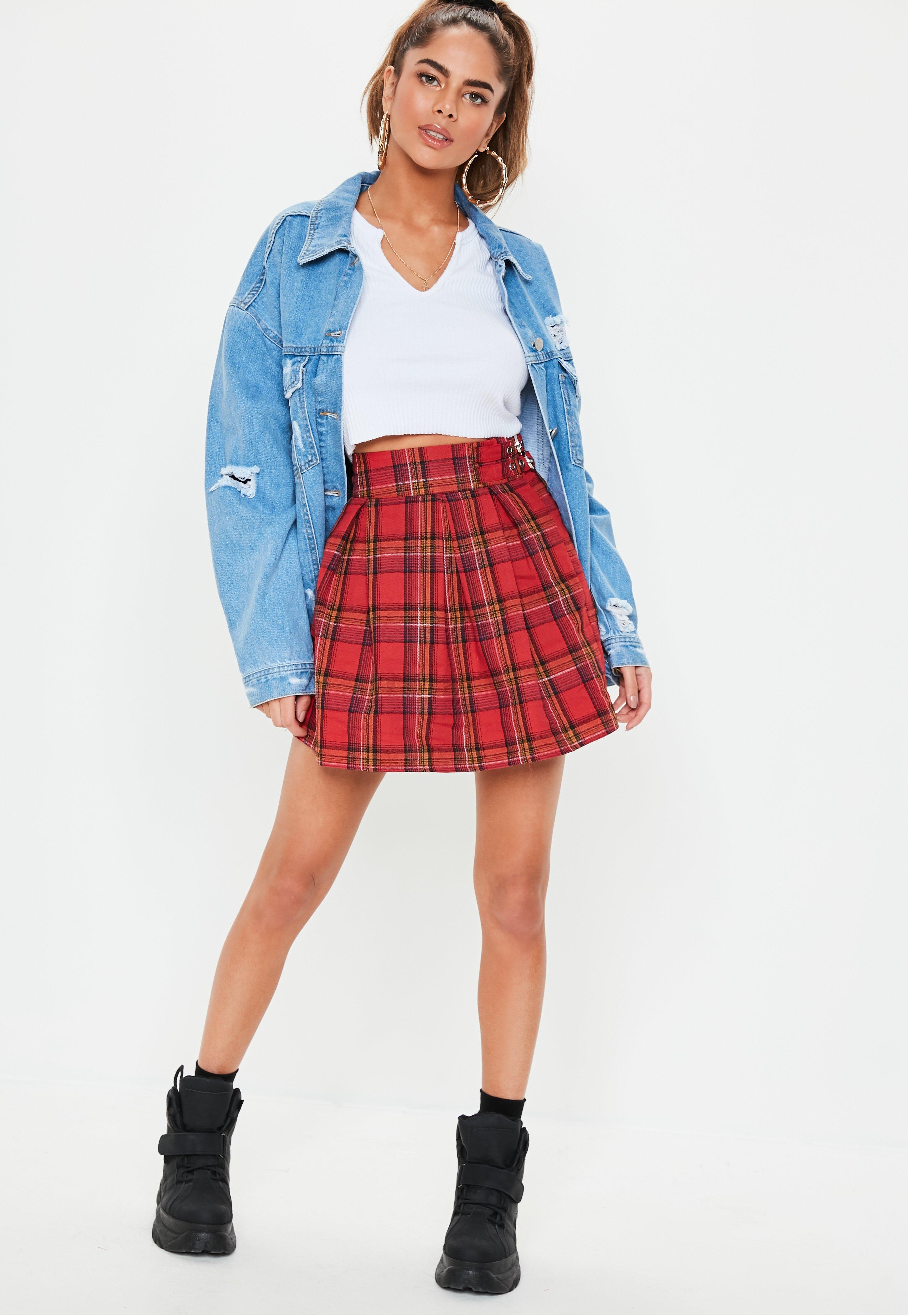 Missguided Synthetic Red Plaid Print Pleated Buckle Mini Skirt - Lyst
