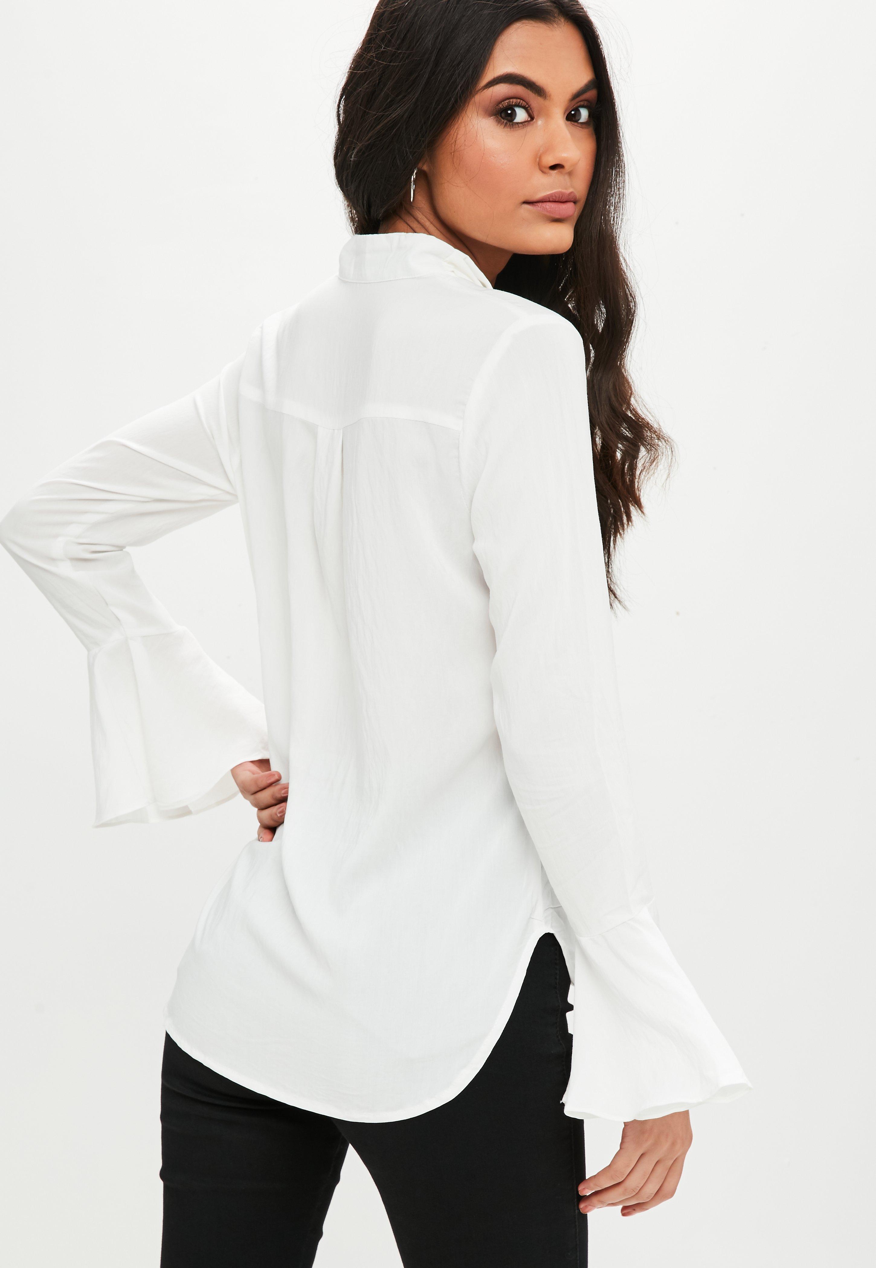 Missguided Synthetic White Bow Flare Sleeve Blouse - Lyst