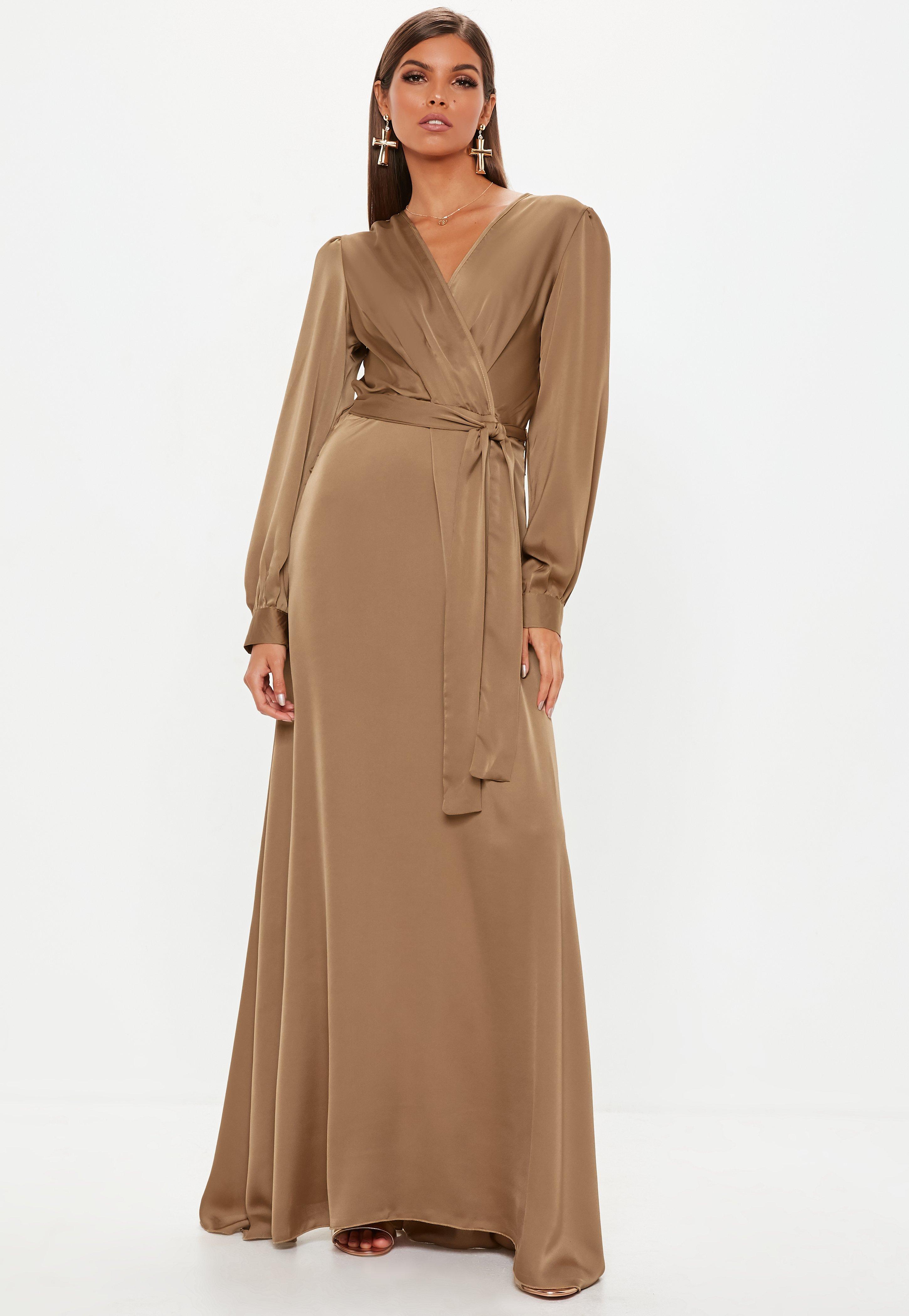 Missguided Brown Satin Wrap Over Maxi ...
