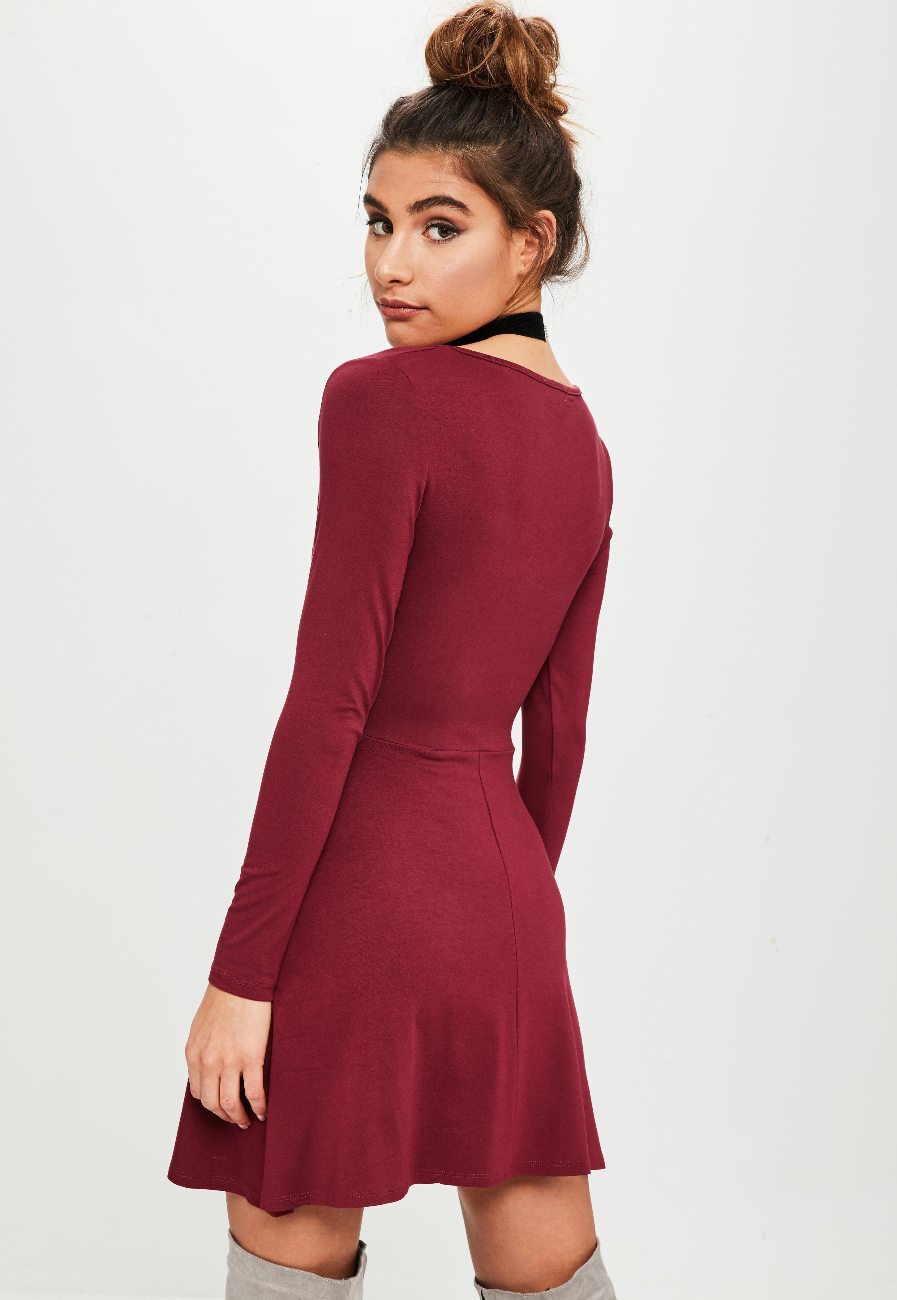 burgundy long sleeve skater dress