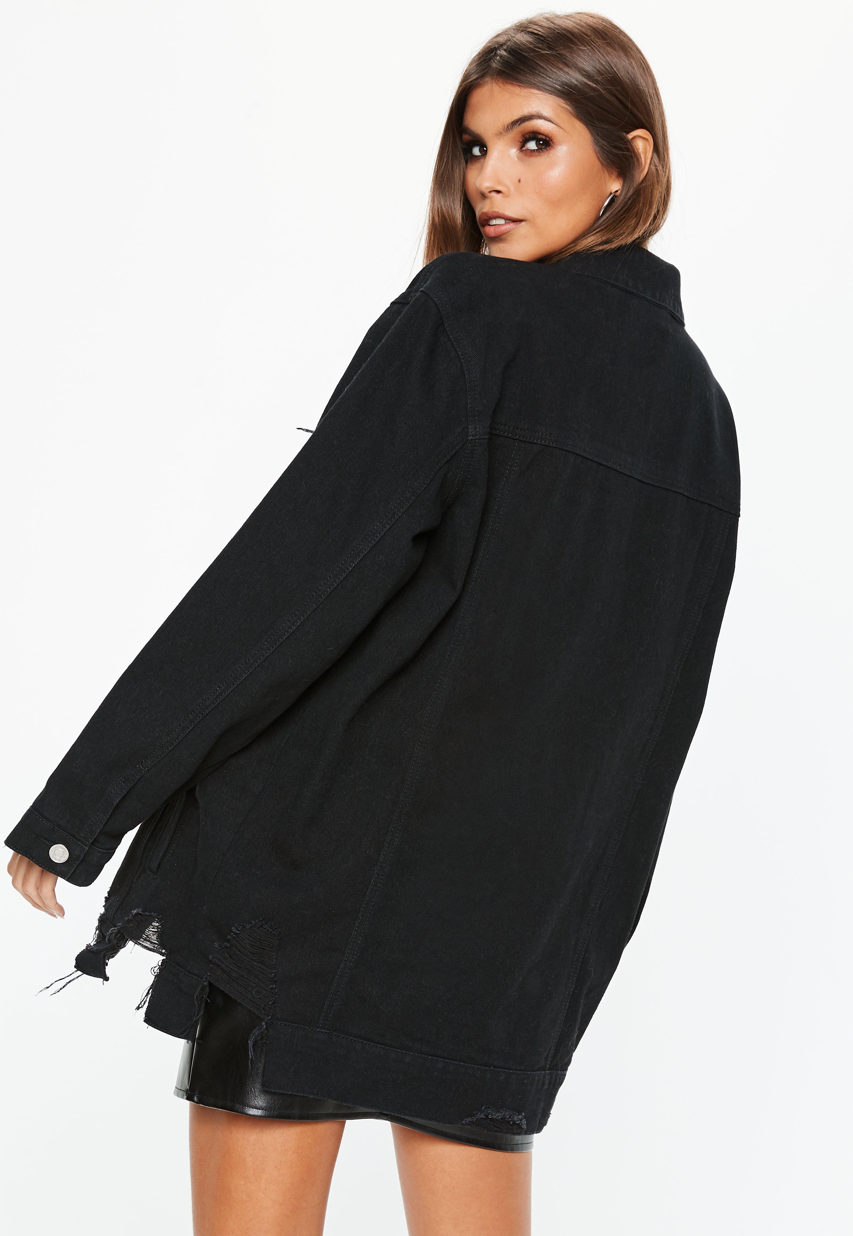 black longline distressed denim jacket