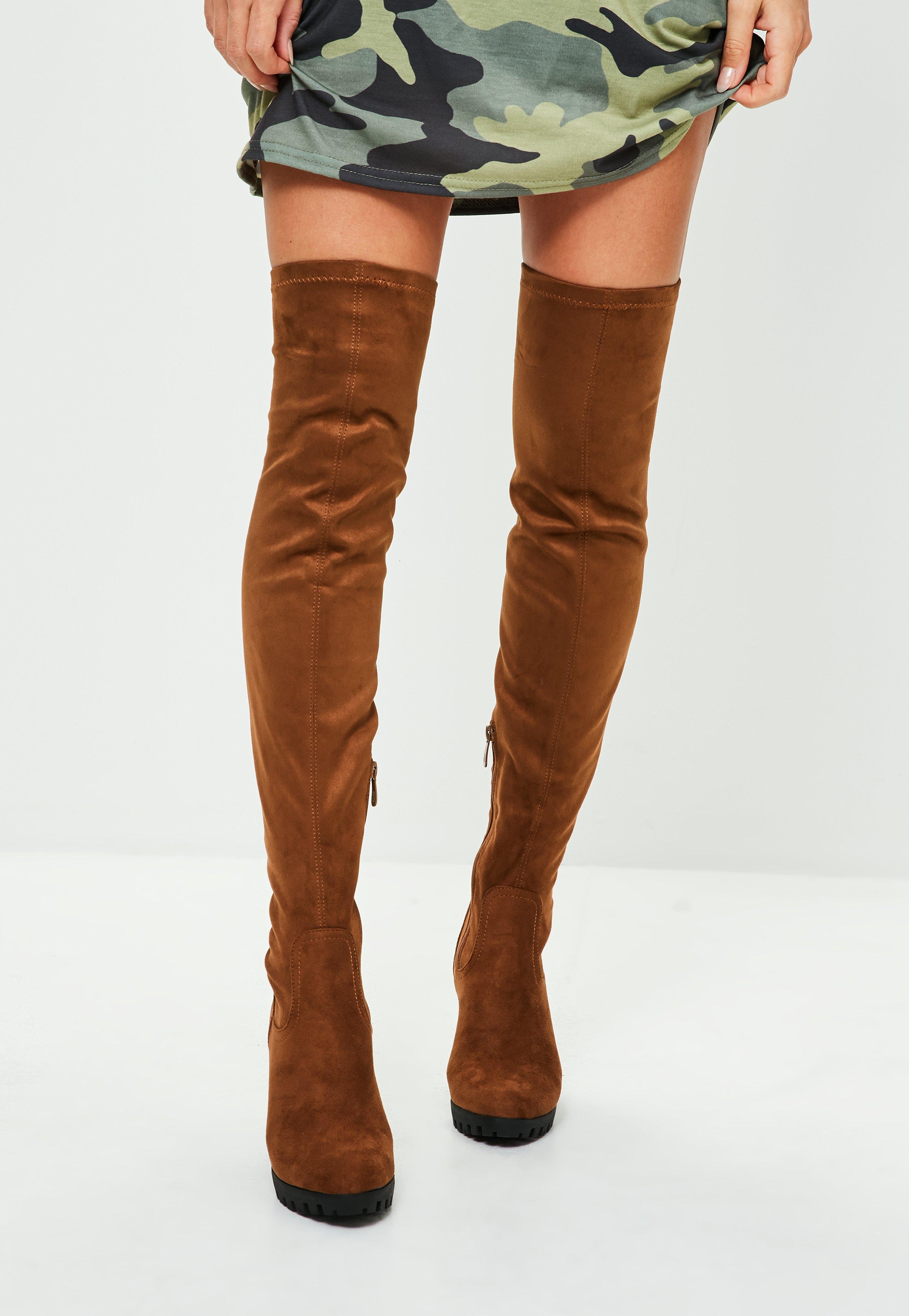 Missguided Tan Faux Suede Pleated Sole Over The Knee Boots In Brown Lyst