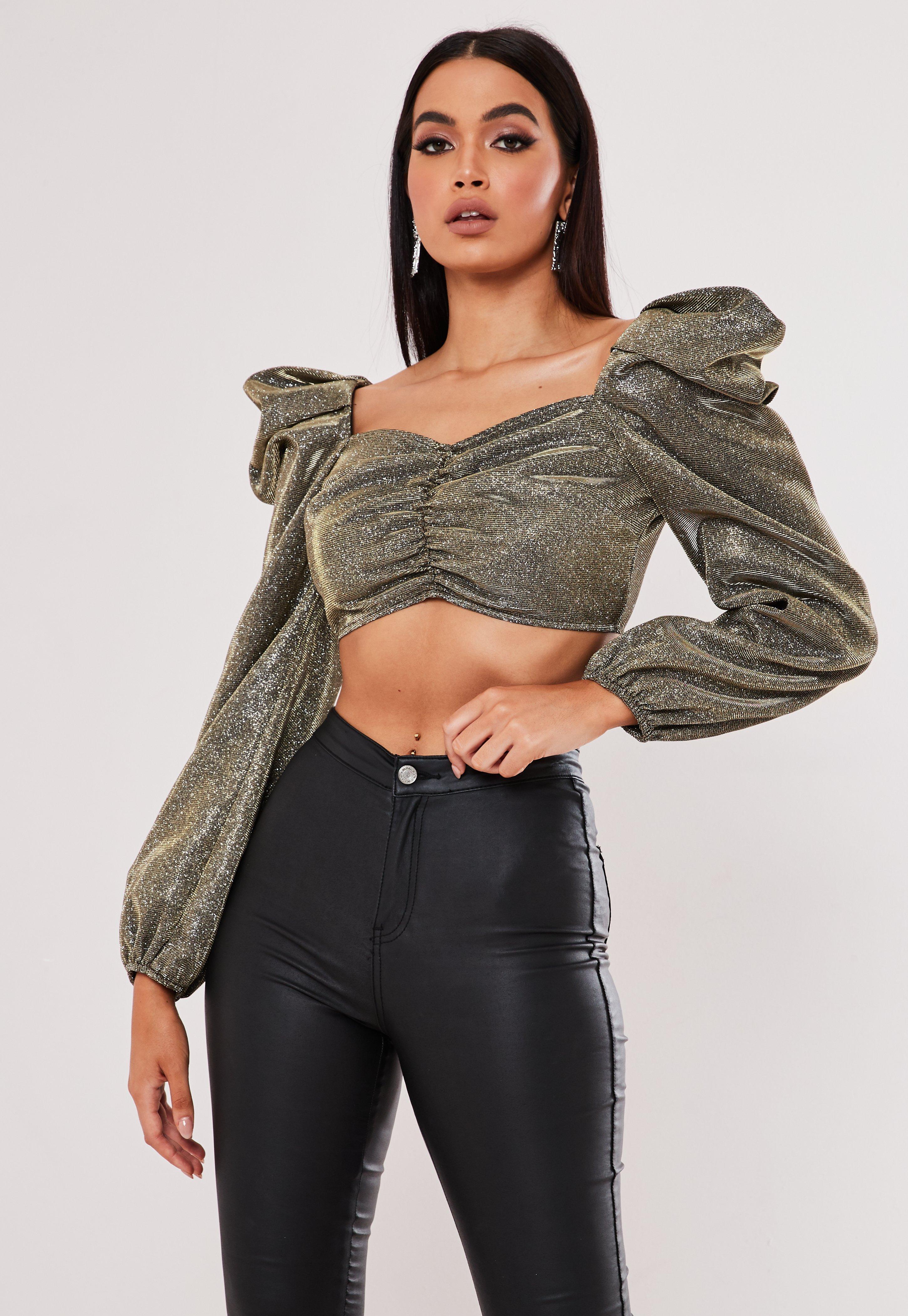 Missguided Synthetic Gold Glitter Puff Sleeve Ruched Front Crop Top in Metallic - Save 24% - Lyst