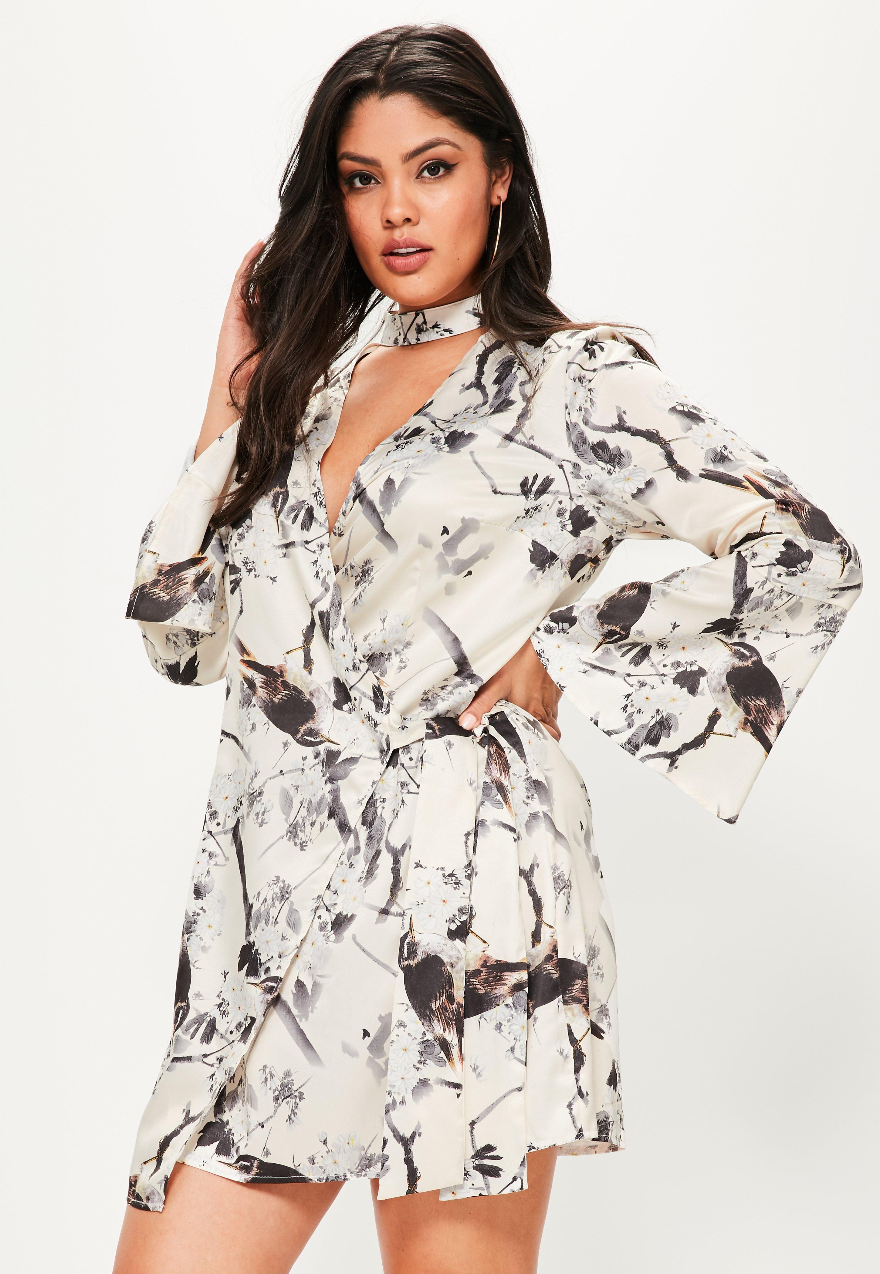 Missguided Plus Size Nude Satin Choker Neck Wrap Dress in 