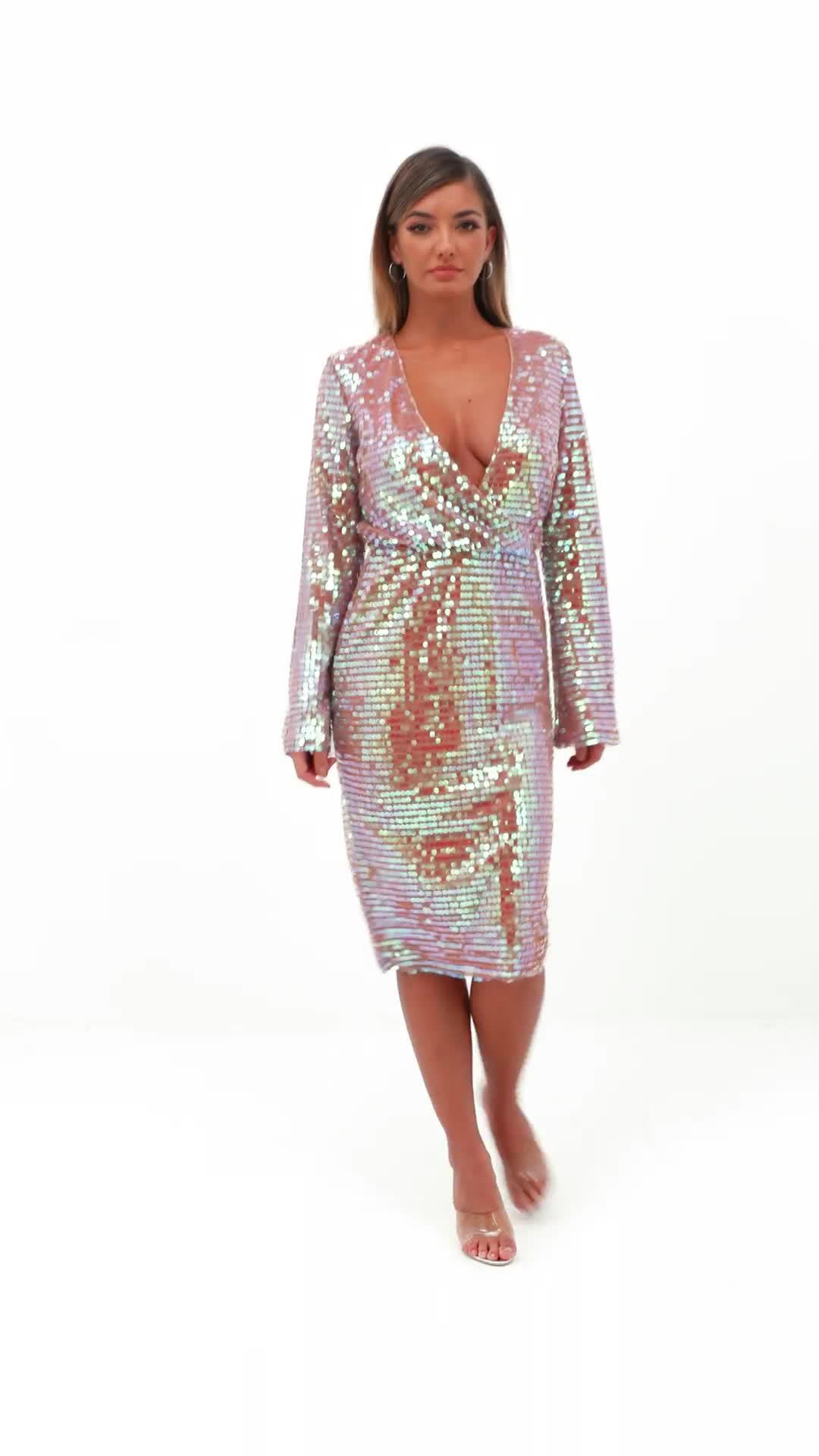 blush sequin fluted sleeve wrap over midi dress