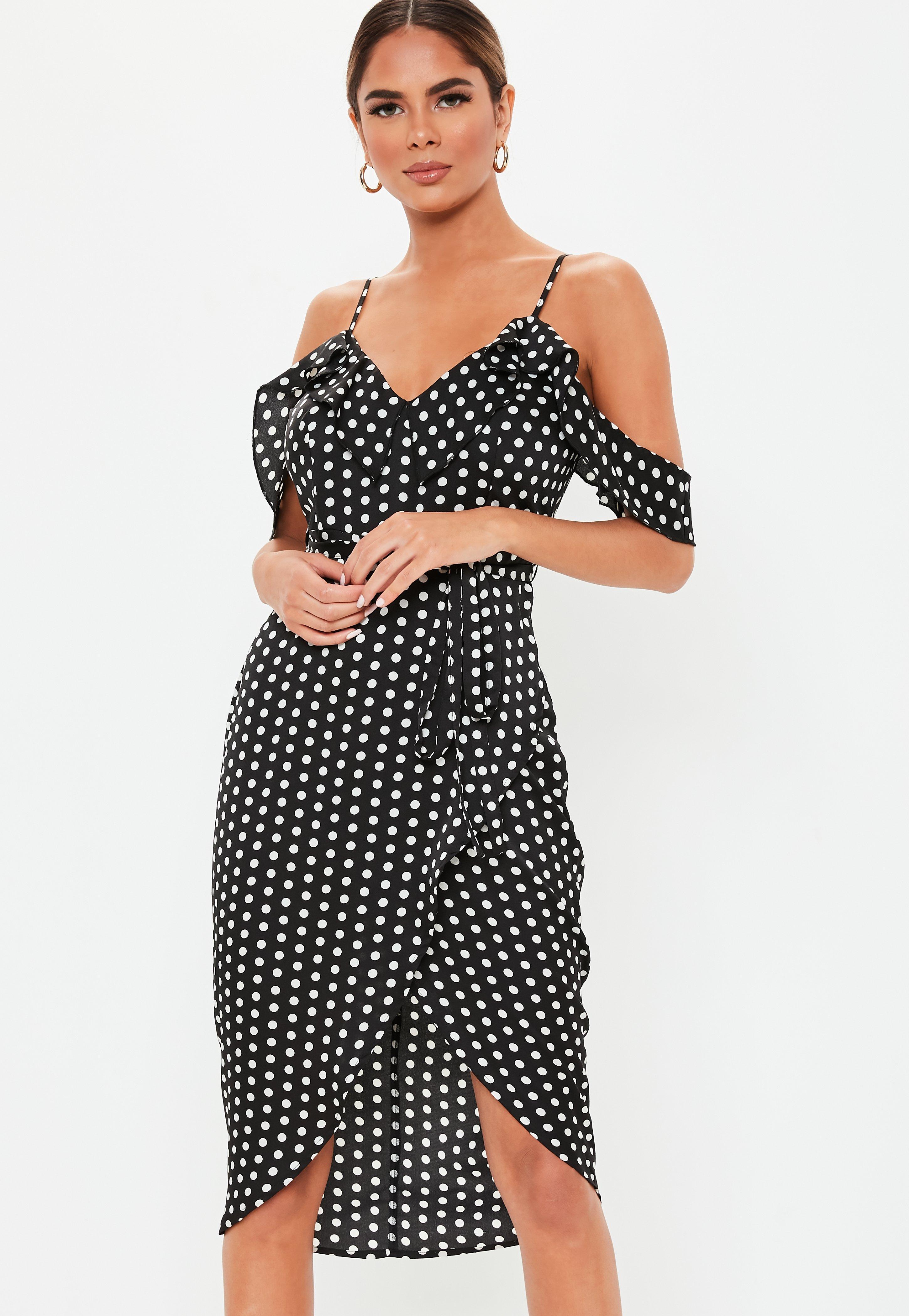 satin polka dot frill detail midi dress