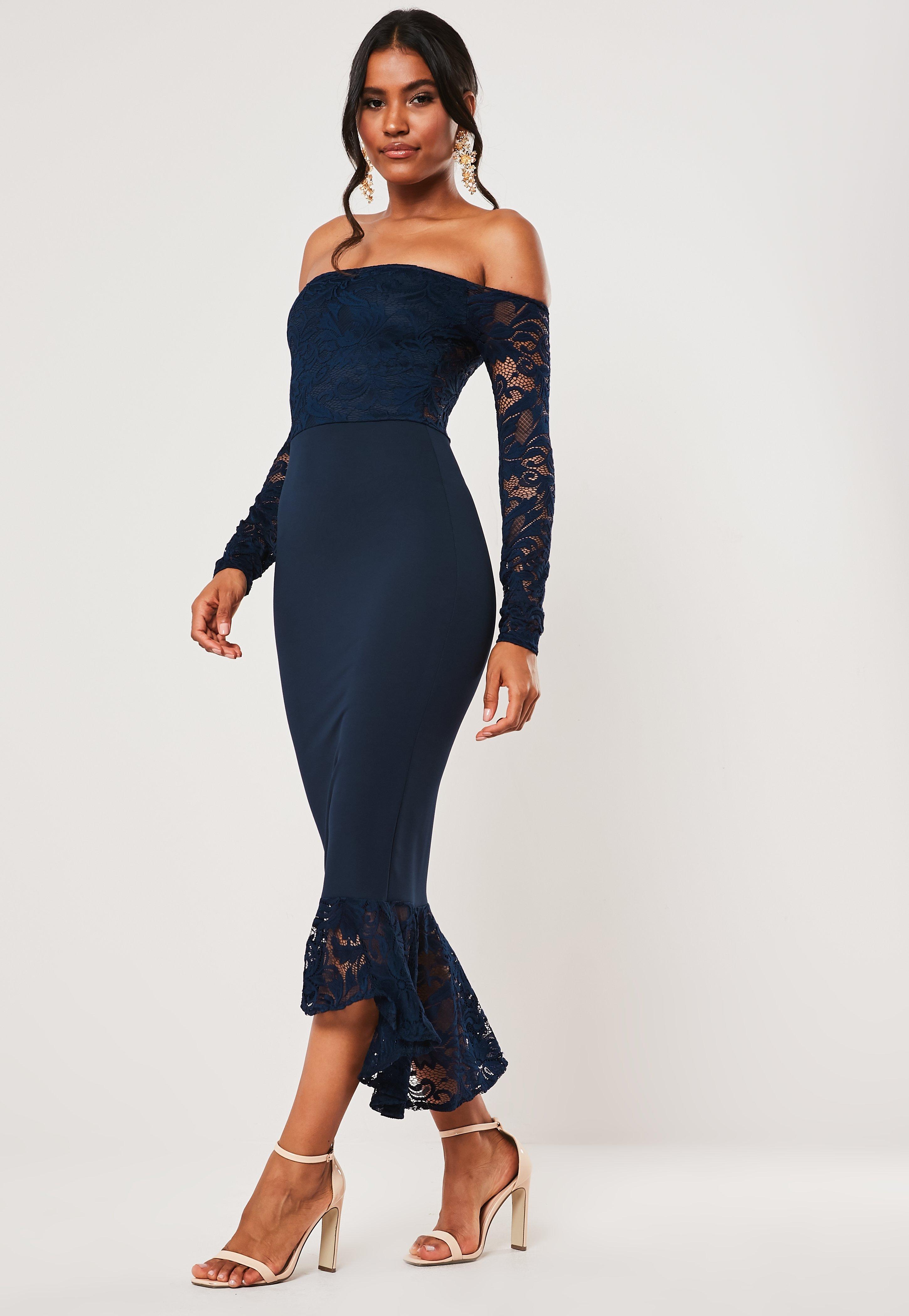 Missguided Lace Navy Bardot Long Sleeve ...