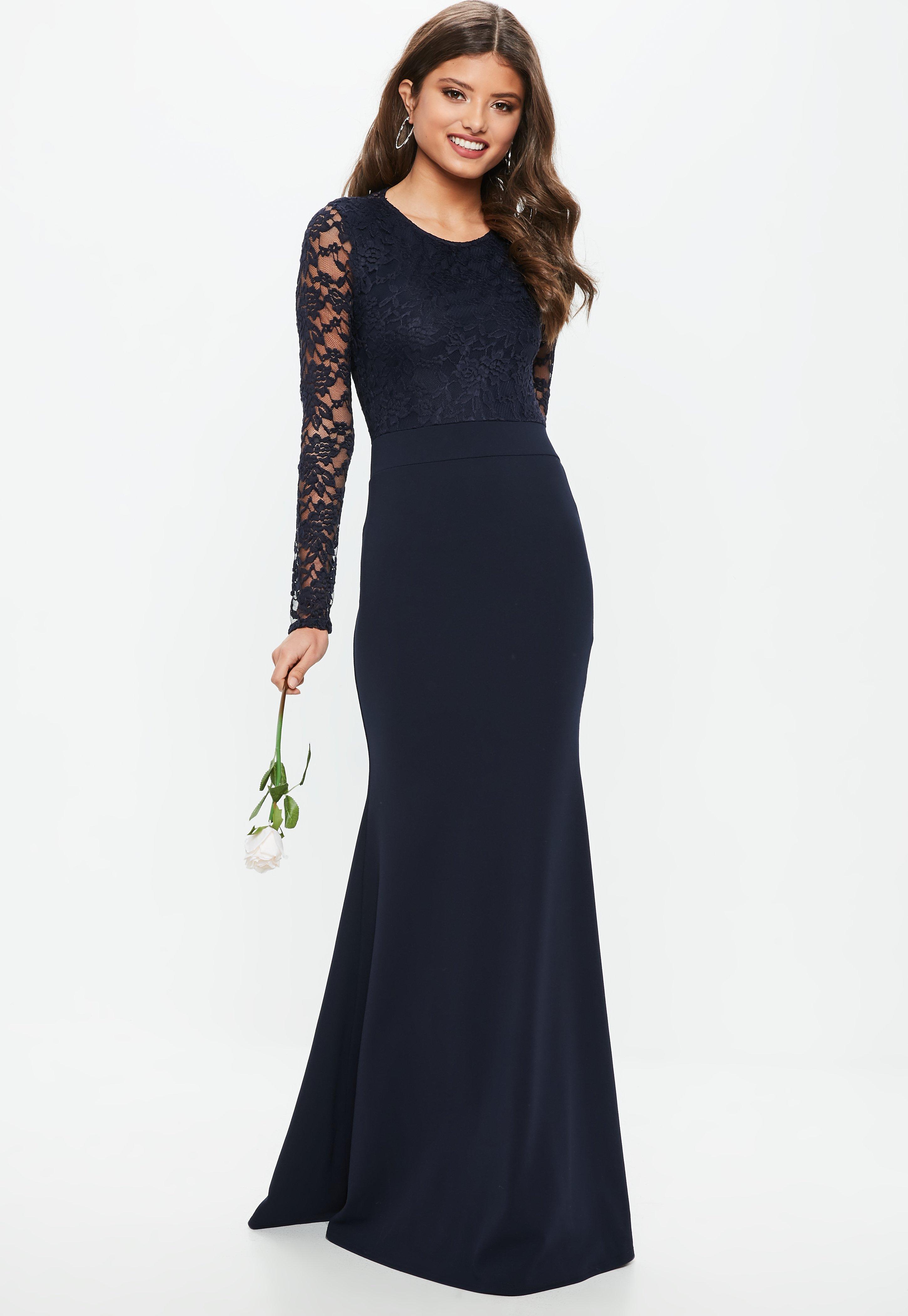 bridesmaid navy halterneck lace insert fishtail dress