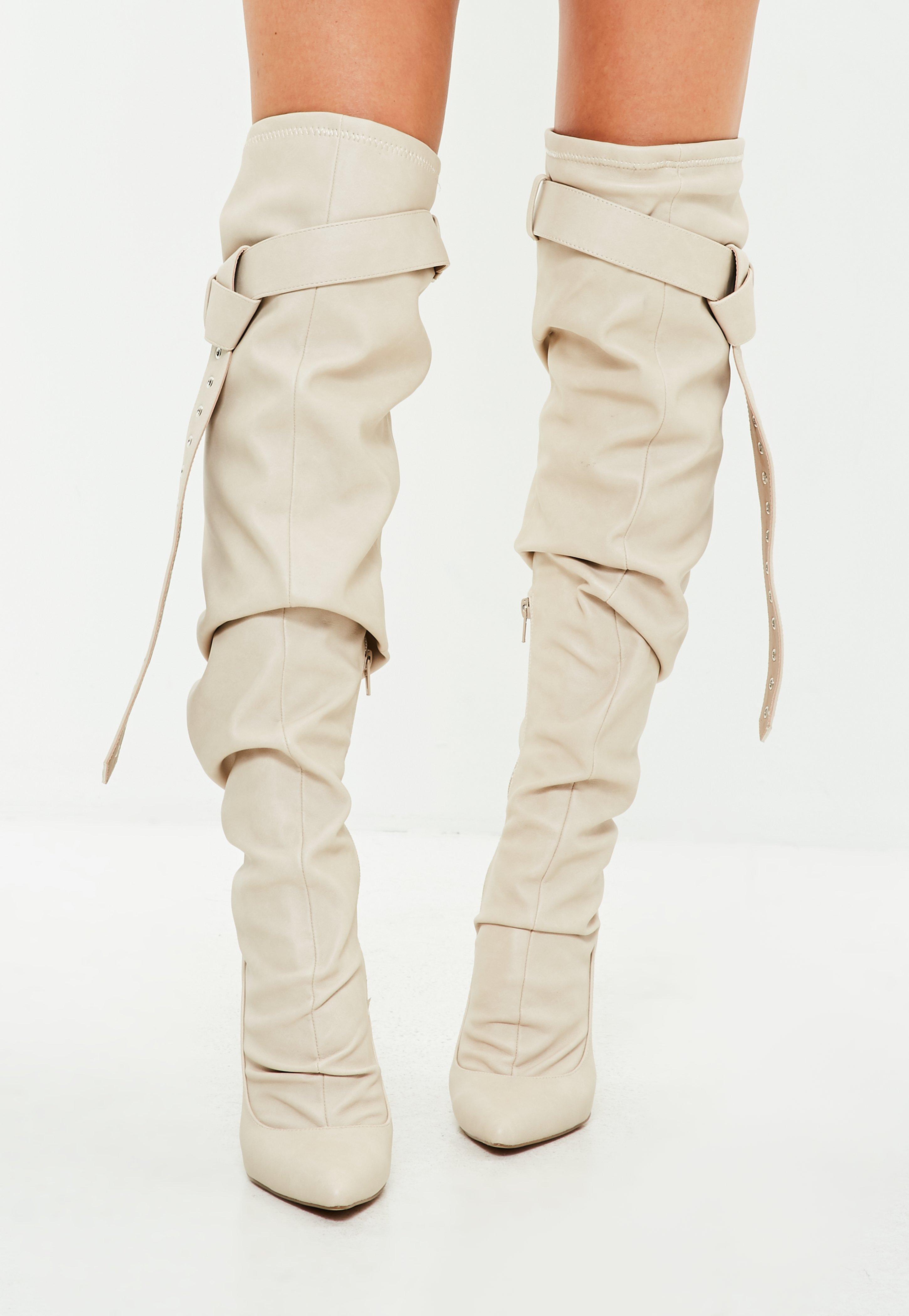 Missguided Beige Belt Buckle Thigh High Boots in Natural - Lyst