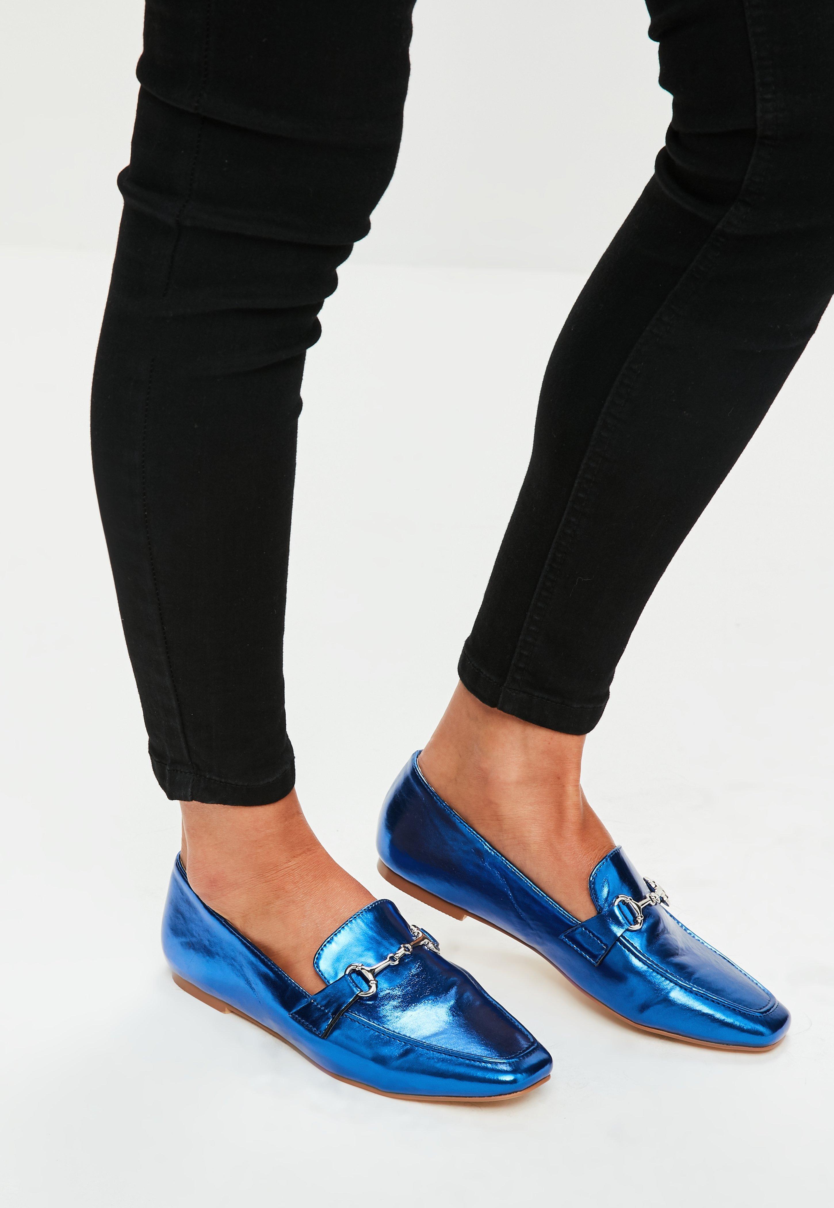 Lyst Missguided Blue Metallic Buckle Loafers in Blue