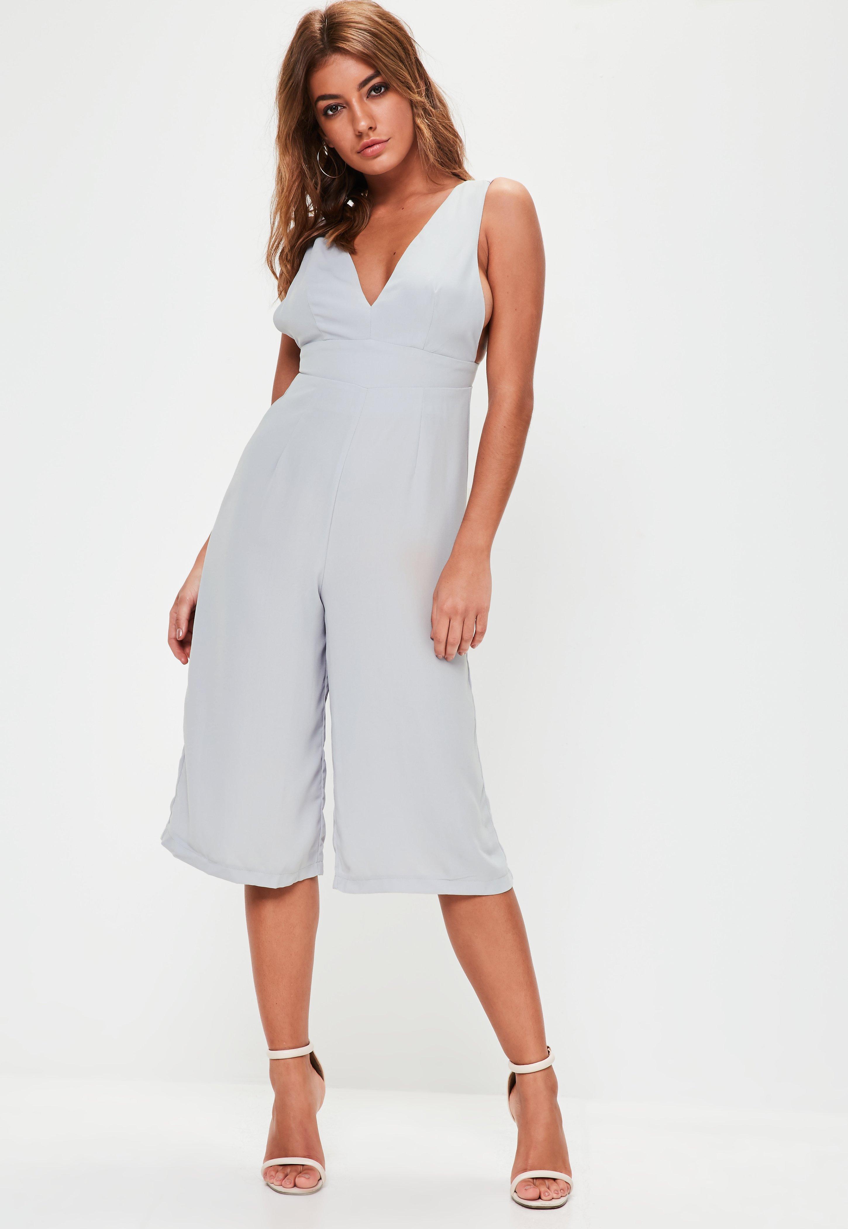 Lyst - Missguided Grey Plunge Front Culotte Jumpsuit in Gray