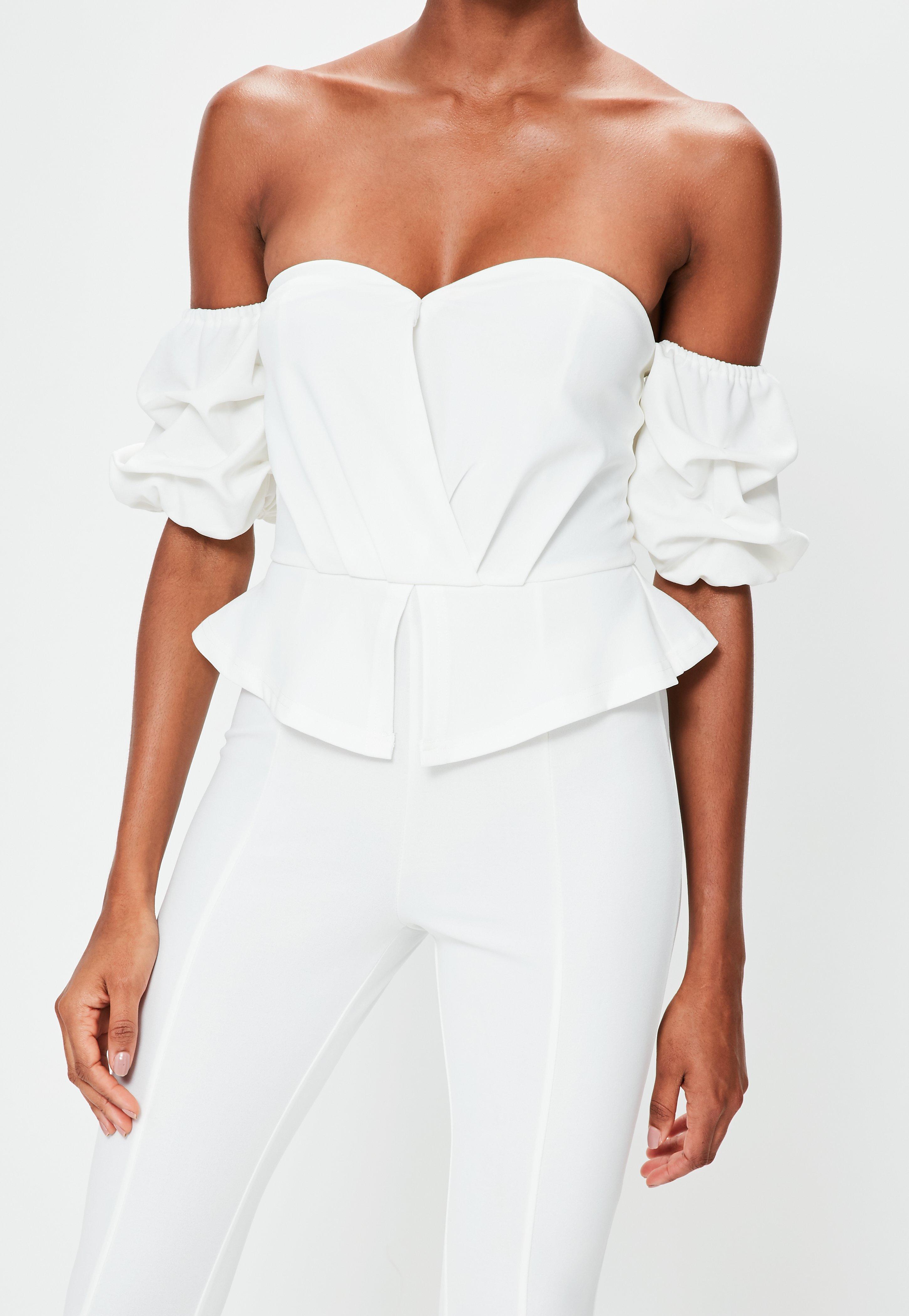 white bardot balloon sleeve corset jumpsuit