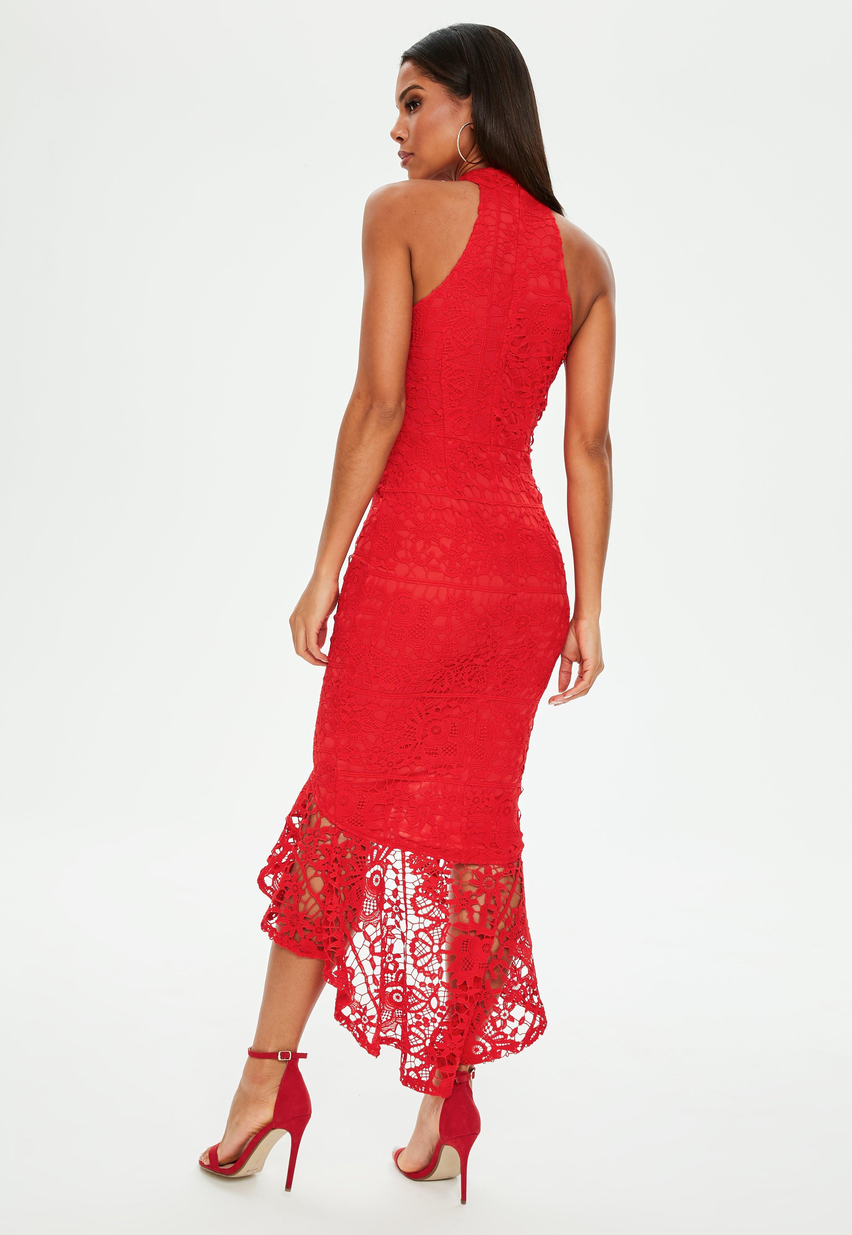 red high neck midi dress
