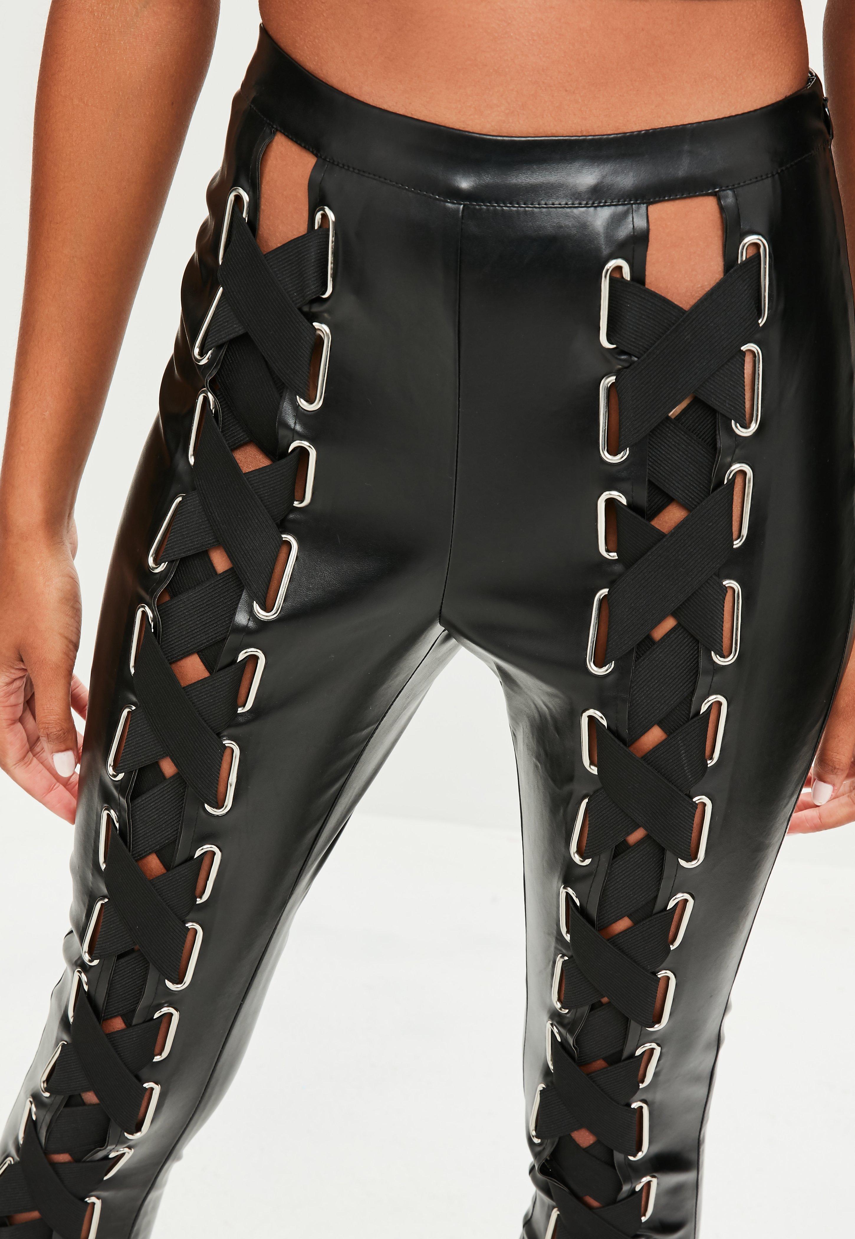 Missguided Black Faux Leather Eyelet Lace Up Pants - Lyst